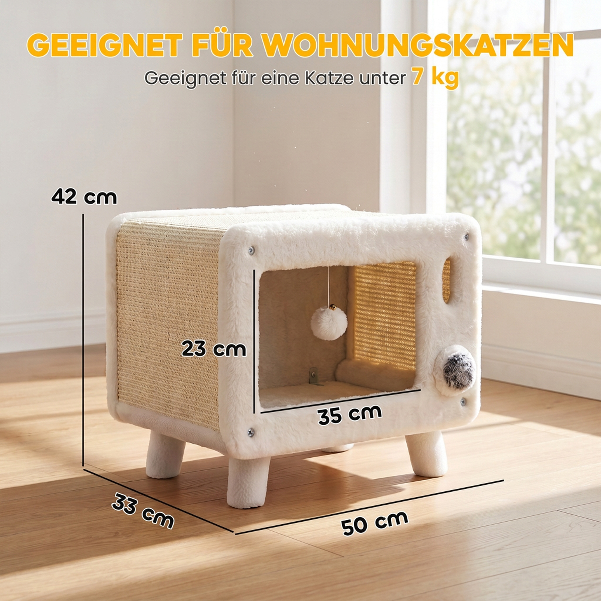Katzenhaus im TV-Design, Katzenhöhle mit Hängematte und Spielball, Sisal-Kratzmatte, für Katzen bis 7 kg 50 x 33 x 42 cm