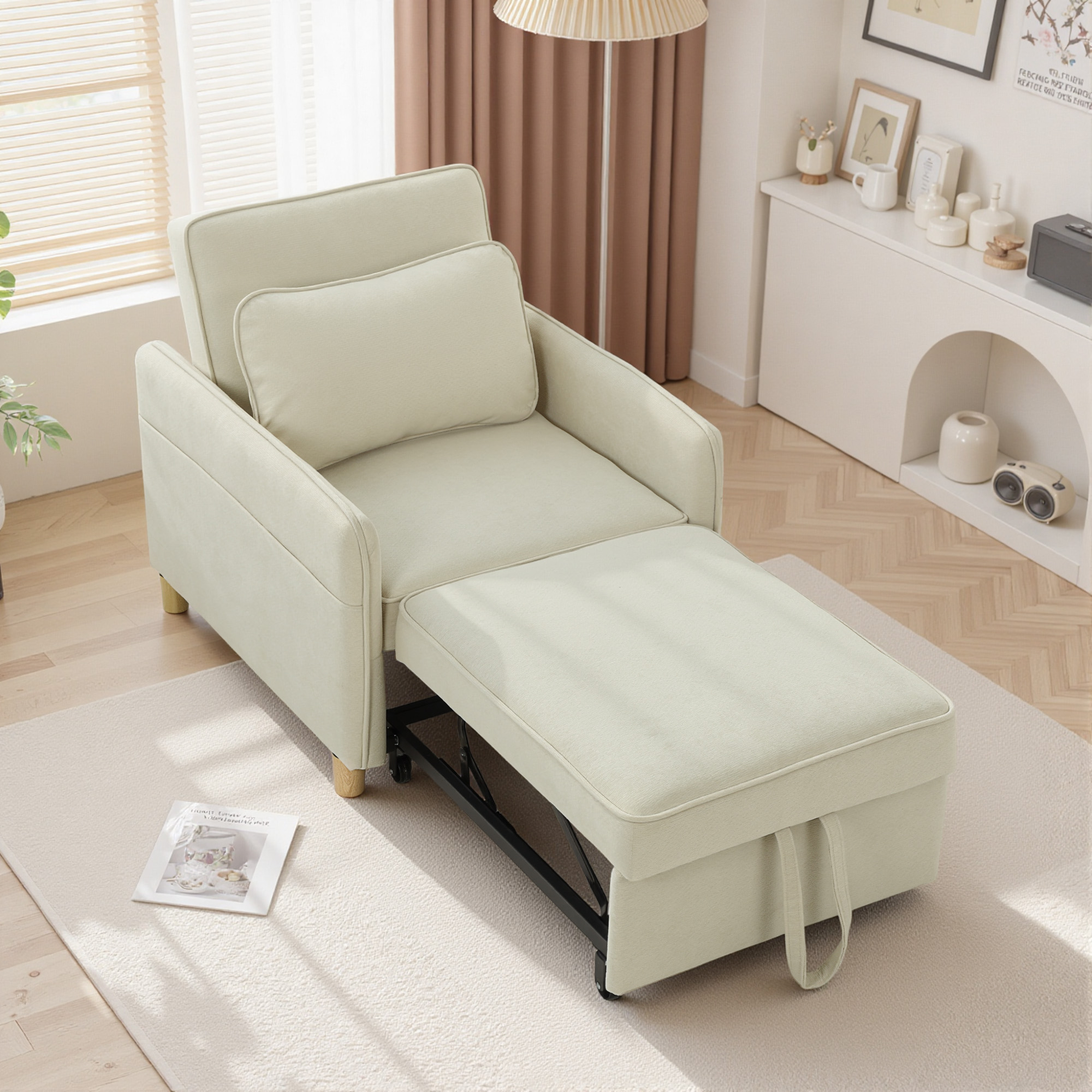 Schlafsessel 3 in 1 Umwandelbarer Sessel mit Bettfunktion, Breiter Sitzfläche für Wohnzimmer, Beige