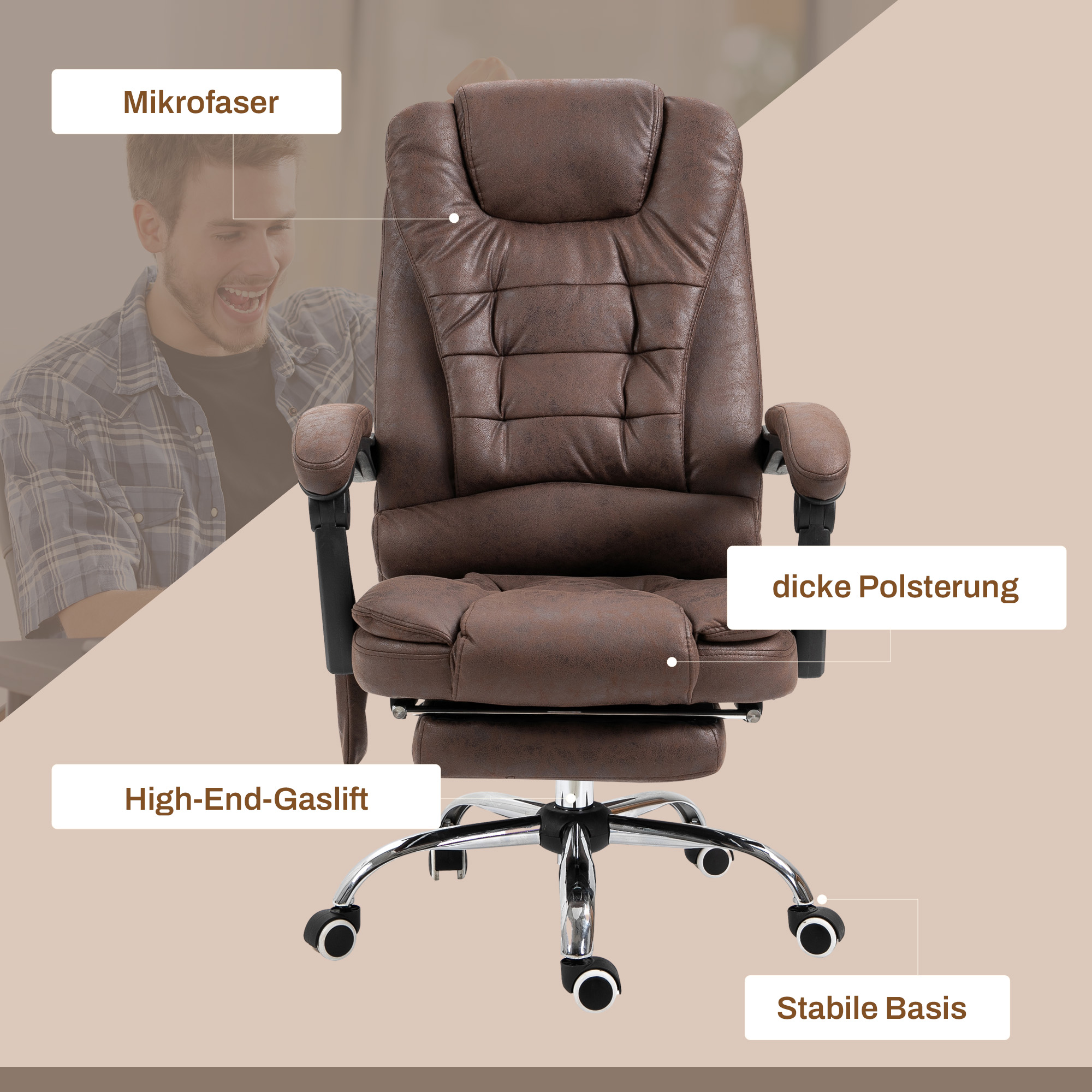 Massage-Bürostuhl, Liege- & Wärmefunktion, drehbar, ergonomisch, bis 120 kg, Braun