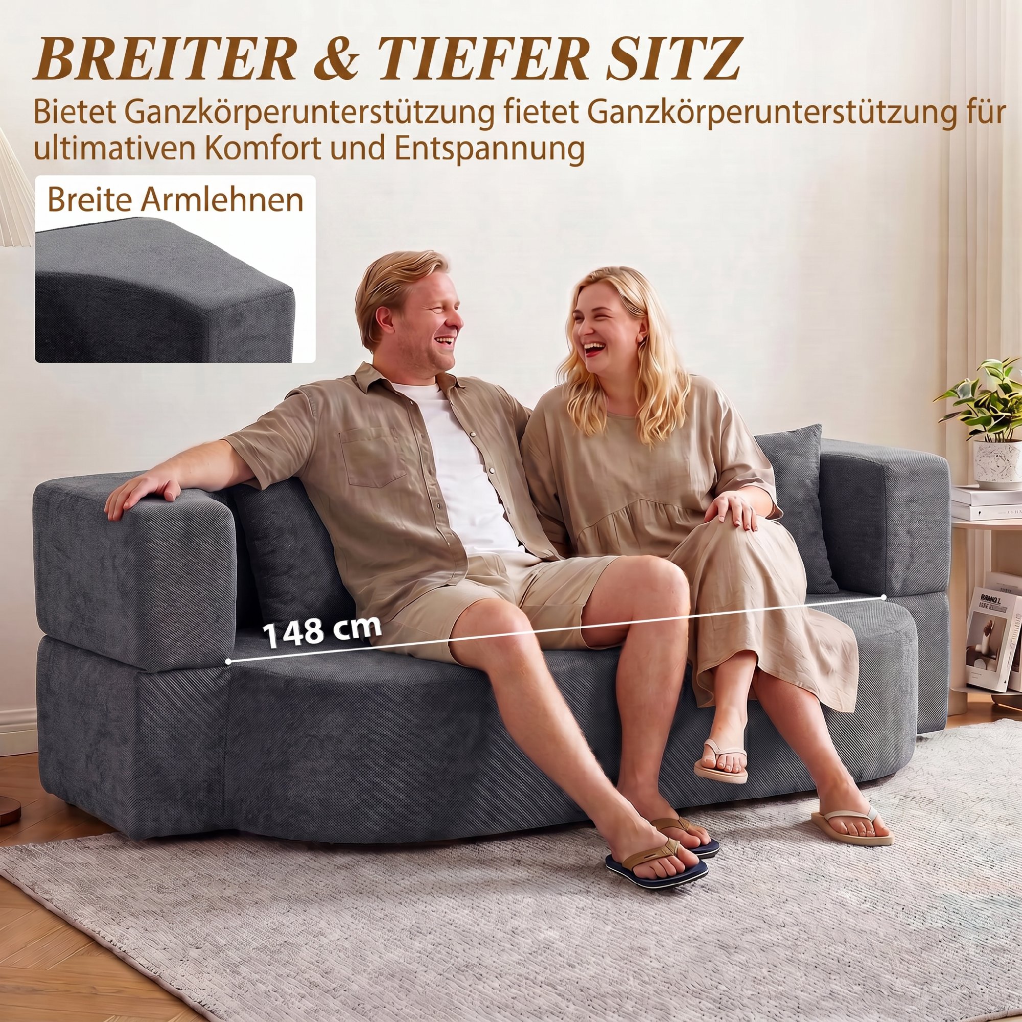 Schlafsofa, Bodensofa ohne Gestell mit dickem, hochdichtem Schaumstoff, breitem und tiefem Sitz, dunkelgrau