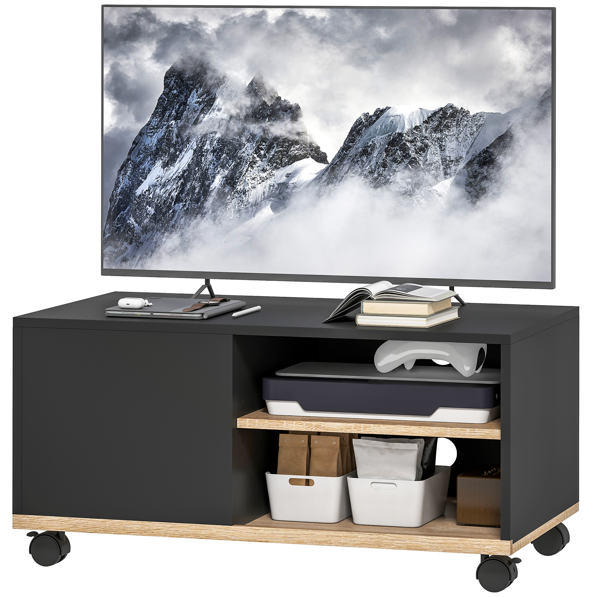 TV-Board auf Rollen mit Bremsen, TV-Möbel mit Schrank und verstellbarer Ablage, Schwarz und Eiche