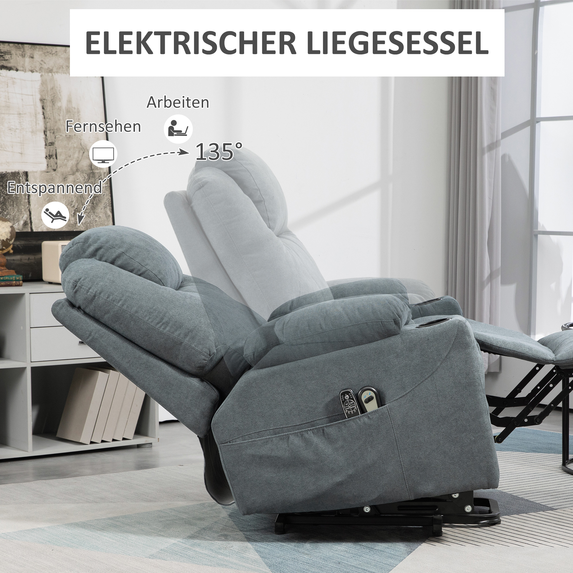 Massagesessel  Aufstehhilfe Seniorensessel, 8 Massagepunkte, Seitentaschen, Fernbedienung, 90L x 101B x 107 cm, Grau