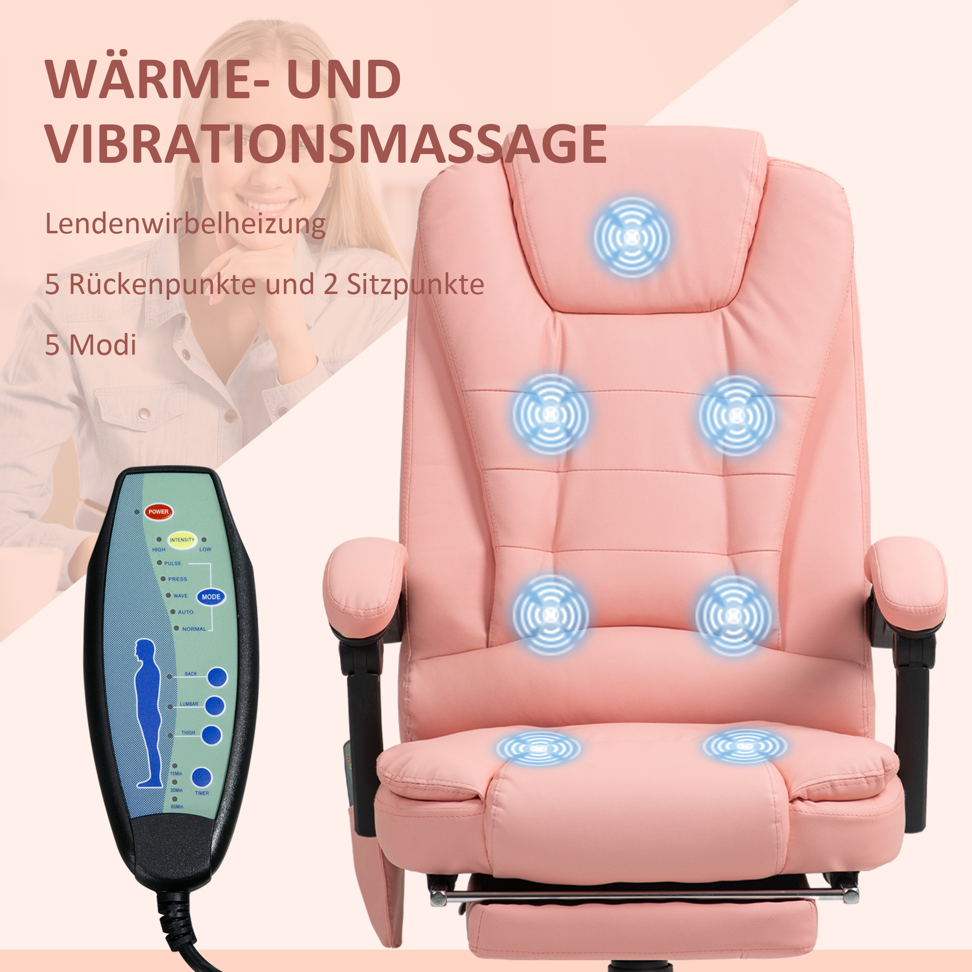 Massage-Bürostuhl, 7 Vibrationspunkte, verstellbare Fußstütze & Lehne, bis 120 kg, Lederoptik, Rosa