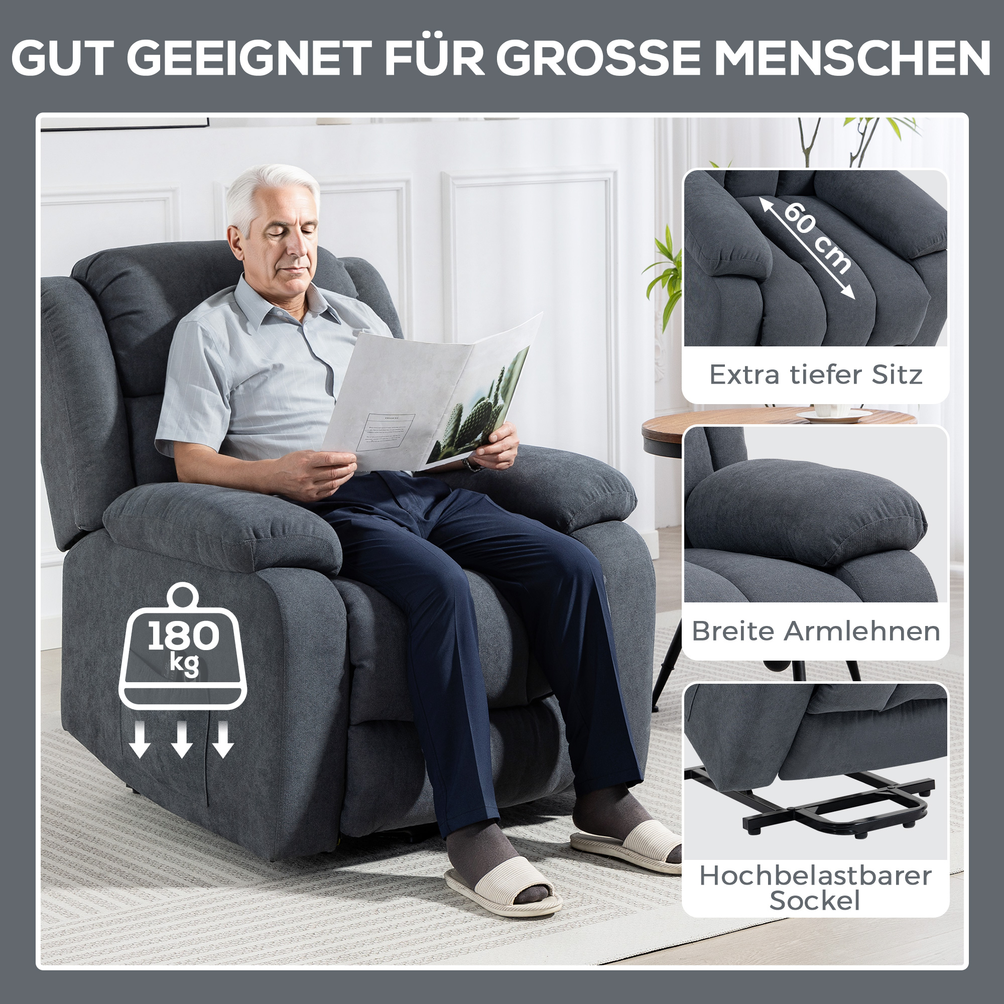 Fernsehsessel mit Aufstehhilfe Elektrisch Relaxsessel mit Liegefunktion, Massagefunktion, 93x91x103 cm, Dunkelgrau