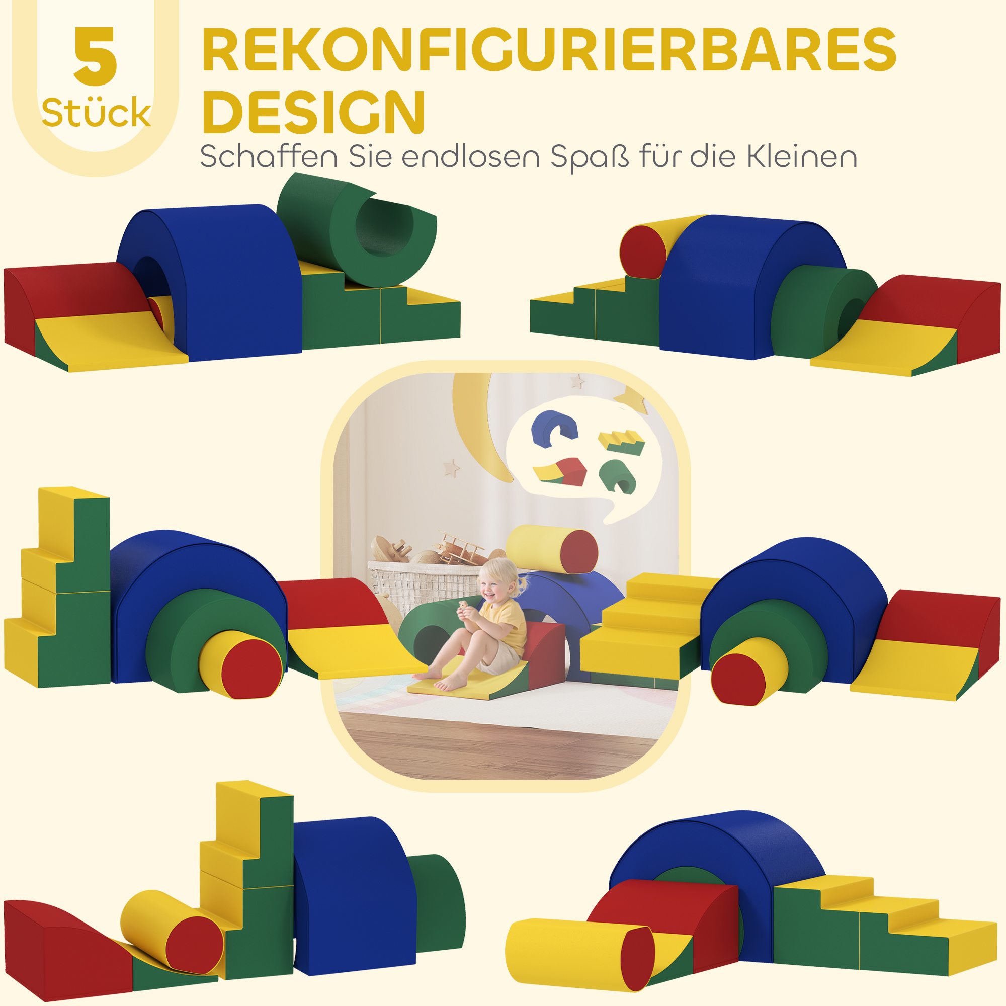 5-teiliges Softbaustein-Set für Babys & Kleinkinder, Schaumstoff, Kunstleder, 5 kreative Formen, Indoor-Set zum Klettern, Krabbeln, Spielen, Bunt