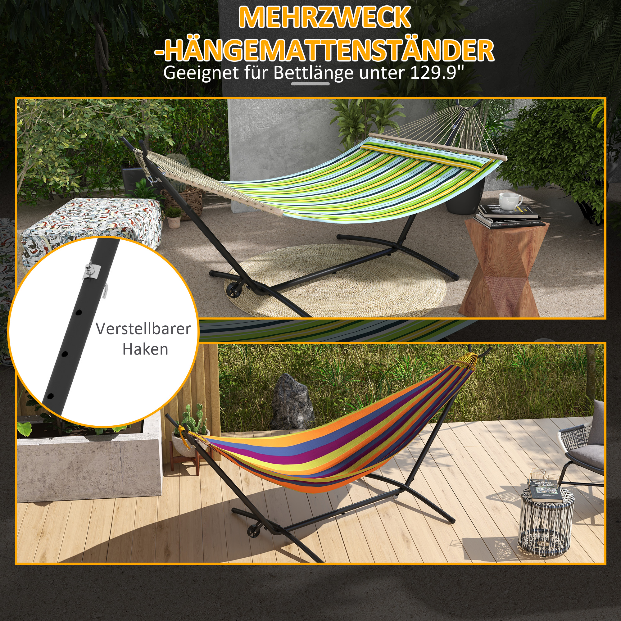 Hängemattenständer Hängemattengestell, wetterbeständig, größenverstellbar, 290 cm x 120 cm x 115 cm, Schwarz
