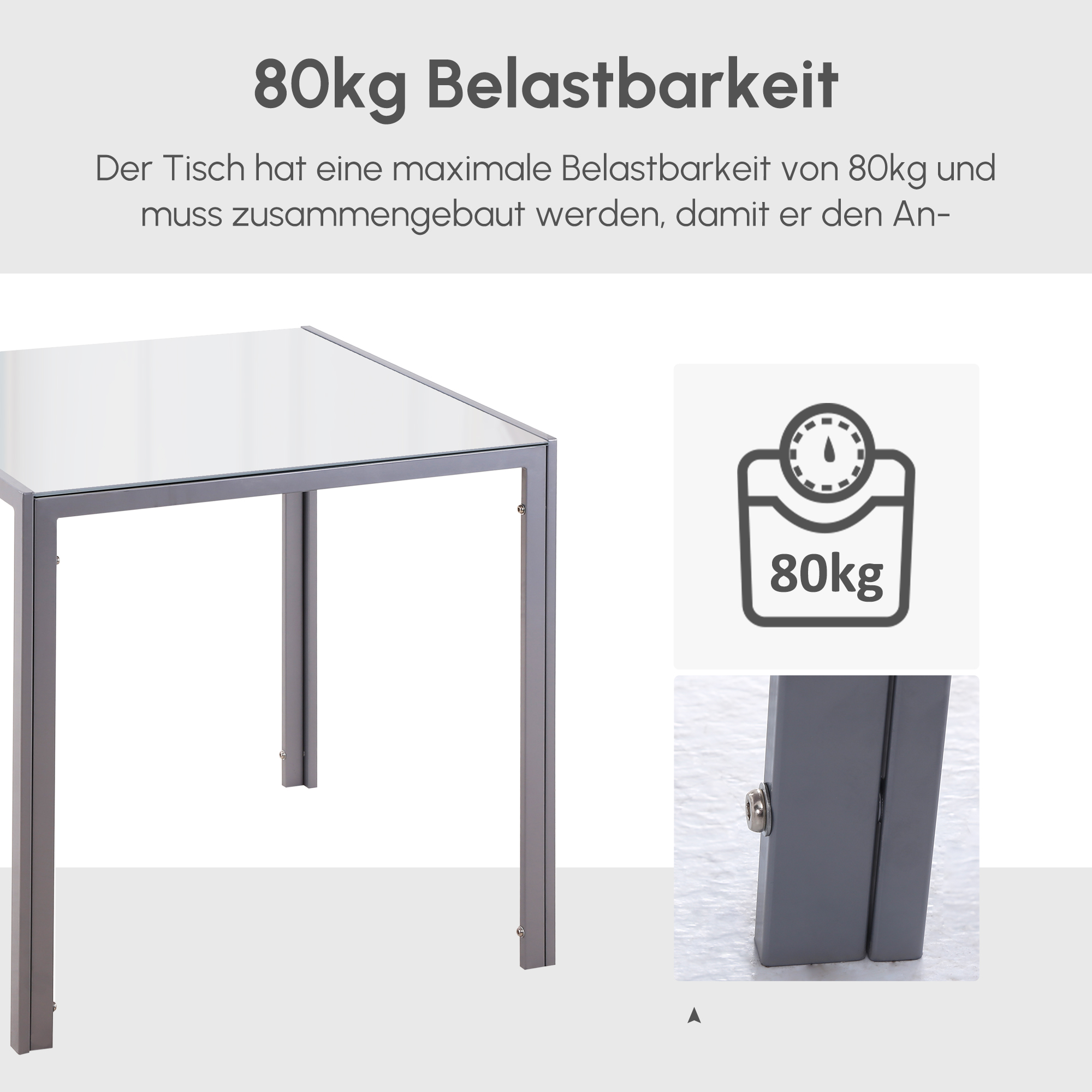 Esstisch Küchentisch Glastisch Quadratischer Tisch, Glasplatte, kompaktes Design, Grau
