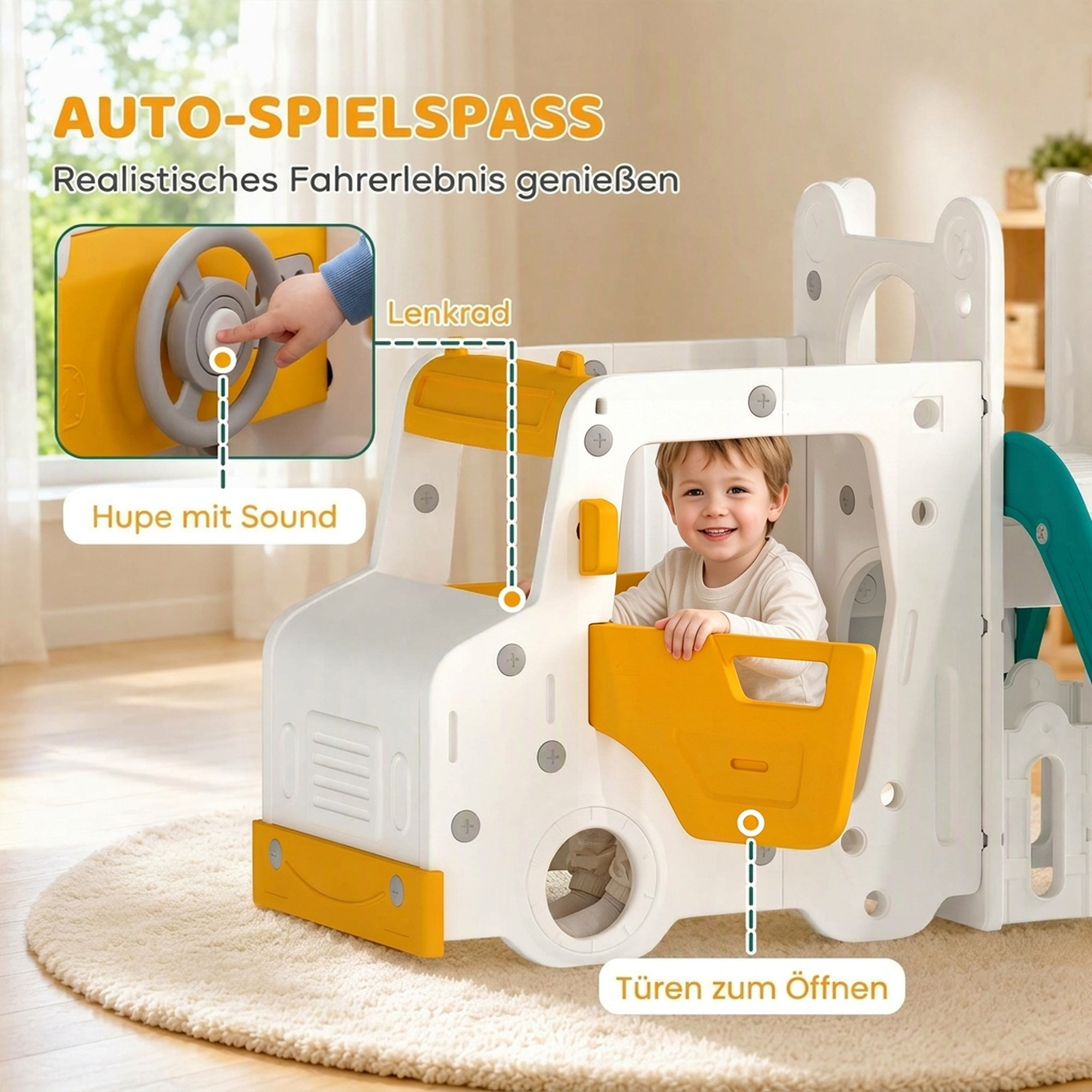 7 in 1 Kinderrutsche mit Schaukel Tunnel Gartenrutsche mit Auto Lenkrad Hupe Klettergerüst 4PCS Moduls 1–4 Jahre Weiß