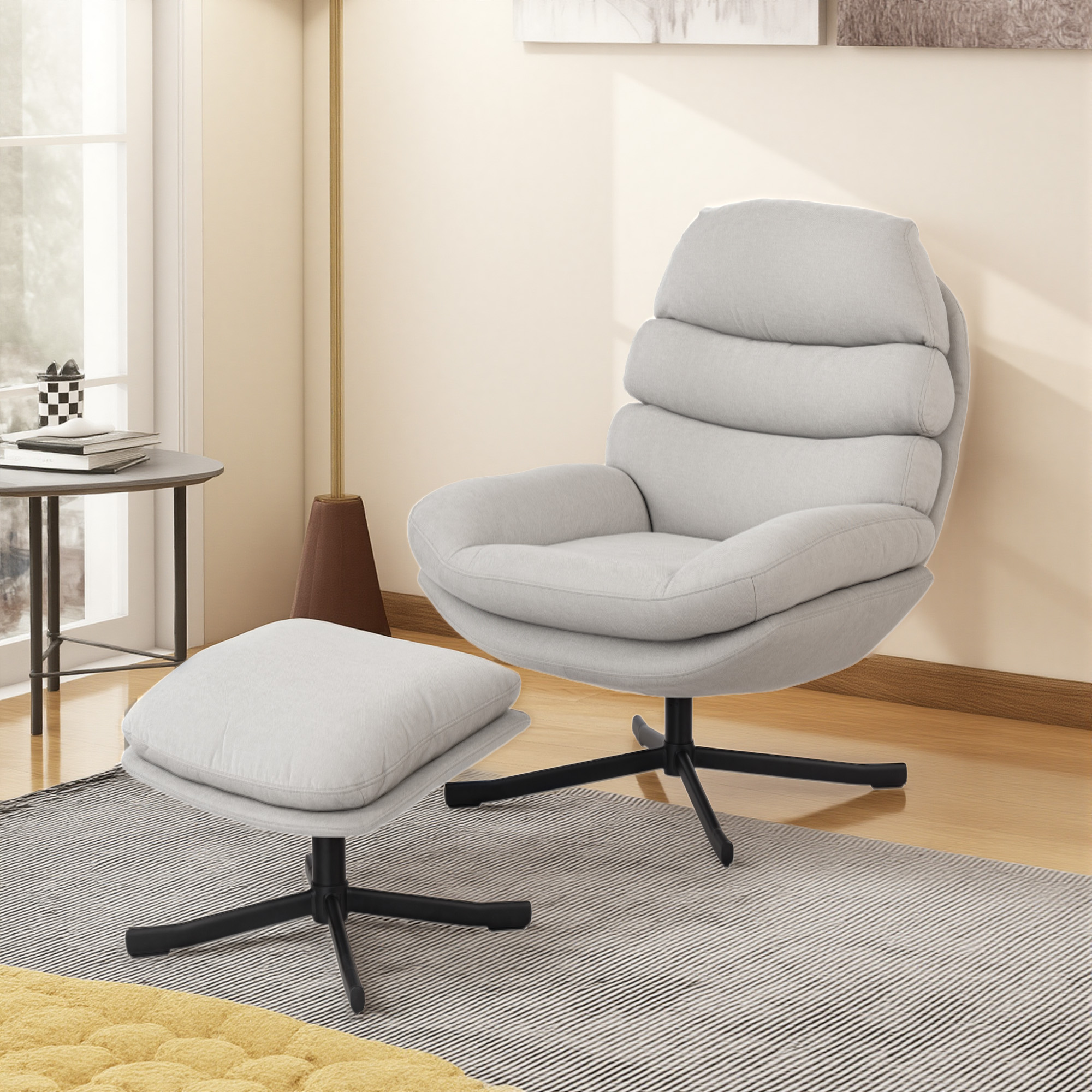 Relaxsessel mit Hocker Sessel Loungesessel mit Chenille-Stoff, Modern Fernsehsessel, 78 x 93 x 100 cm, Cremeweiß