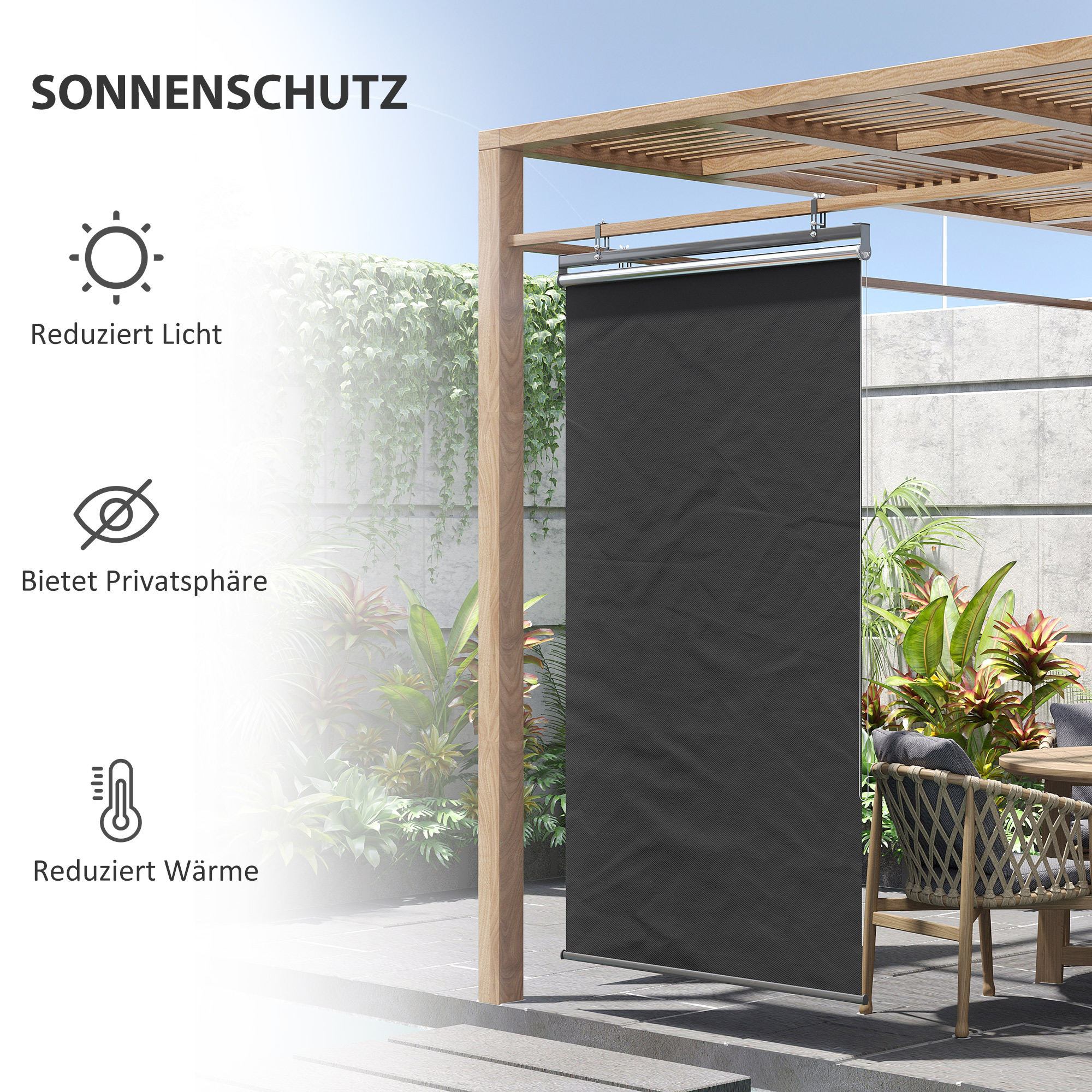 Senkrechtmarkise, höhenvestellbar, Kettenzug, inkl. Haken, 124 cm x 222 cm, Dunkelgrau