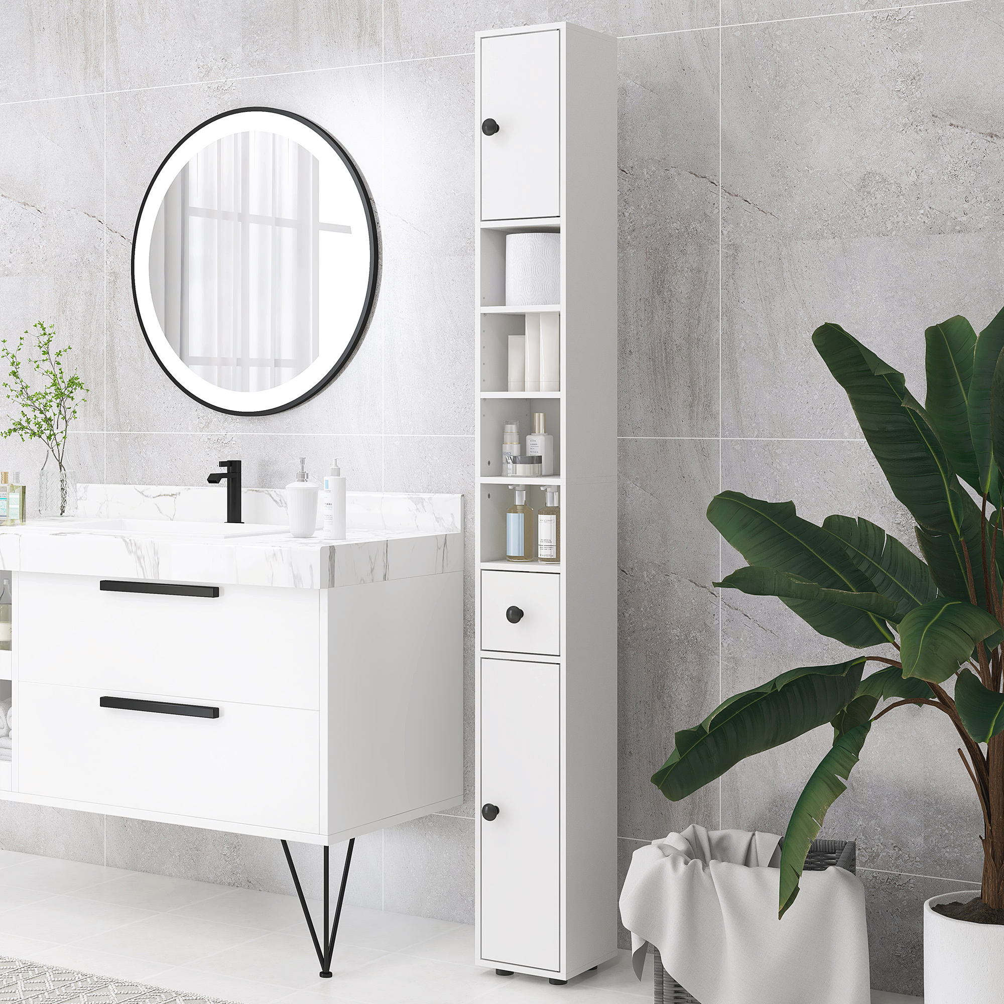 Badezimmerschrank, 4 Regale, Schublade, Spanplatte, schlankes Design, Weiß