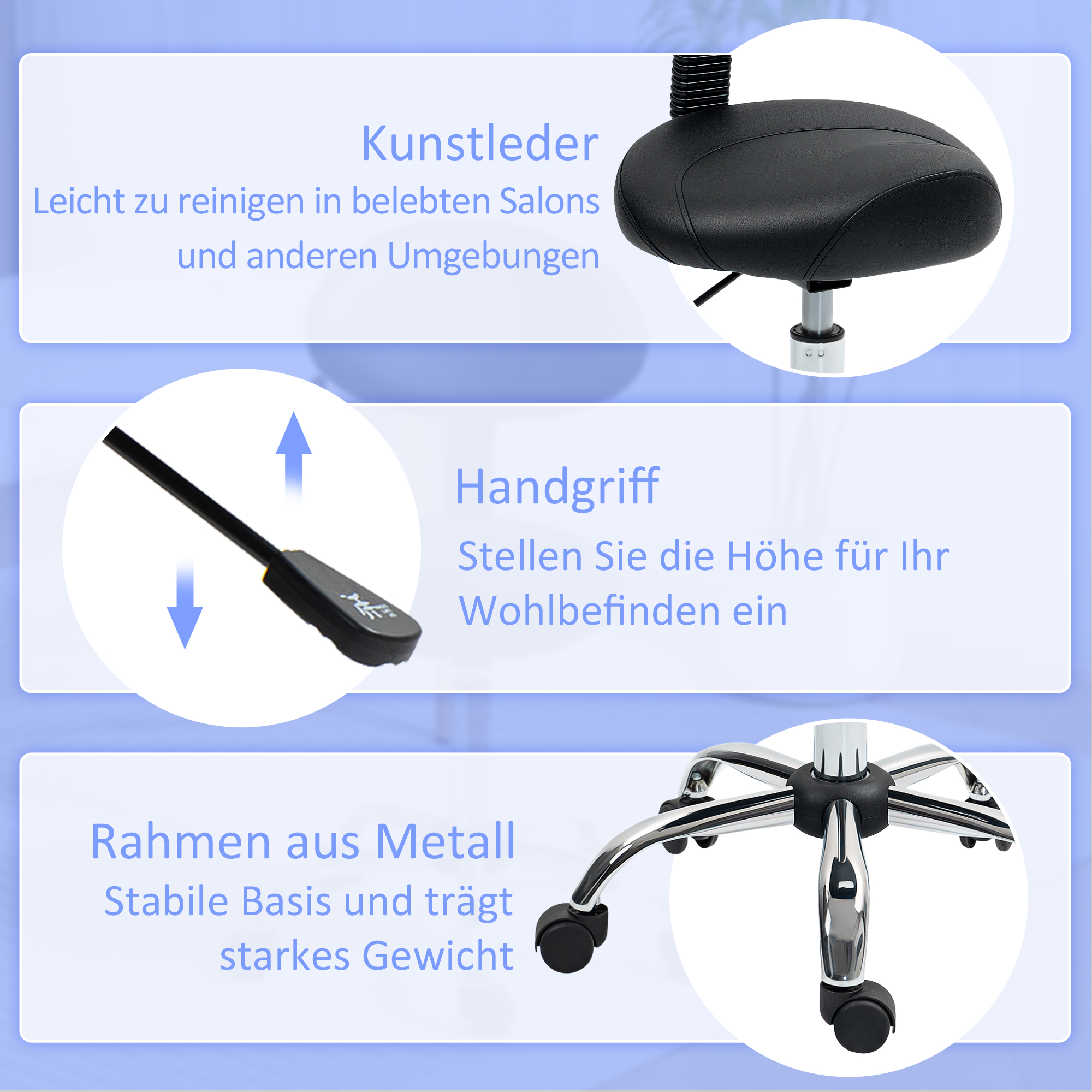 Rollhocker höhenverstellbar mit Rückenlehne Drehhocker 83-98 cm Arbeitshocker 360° drehbar für Büro Salon