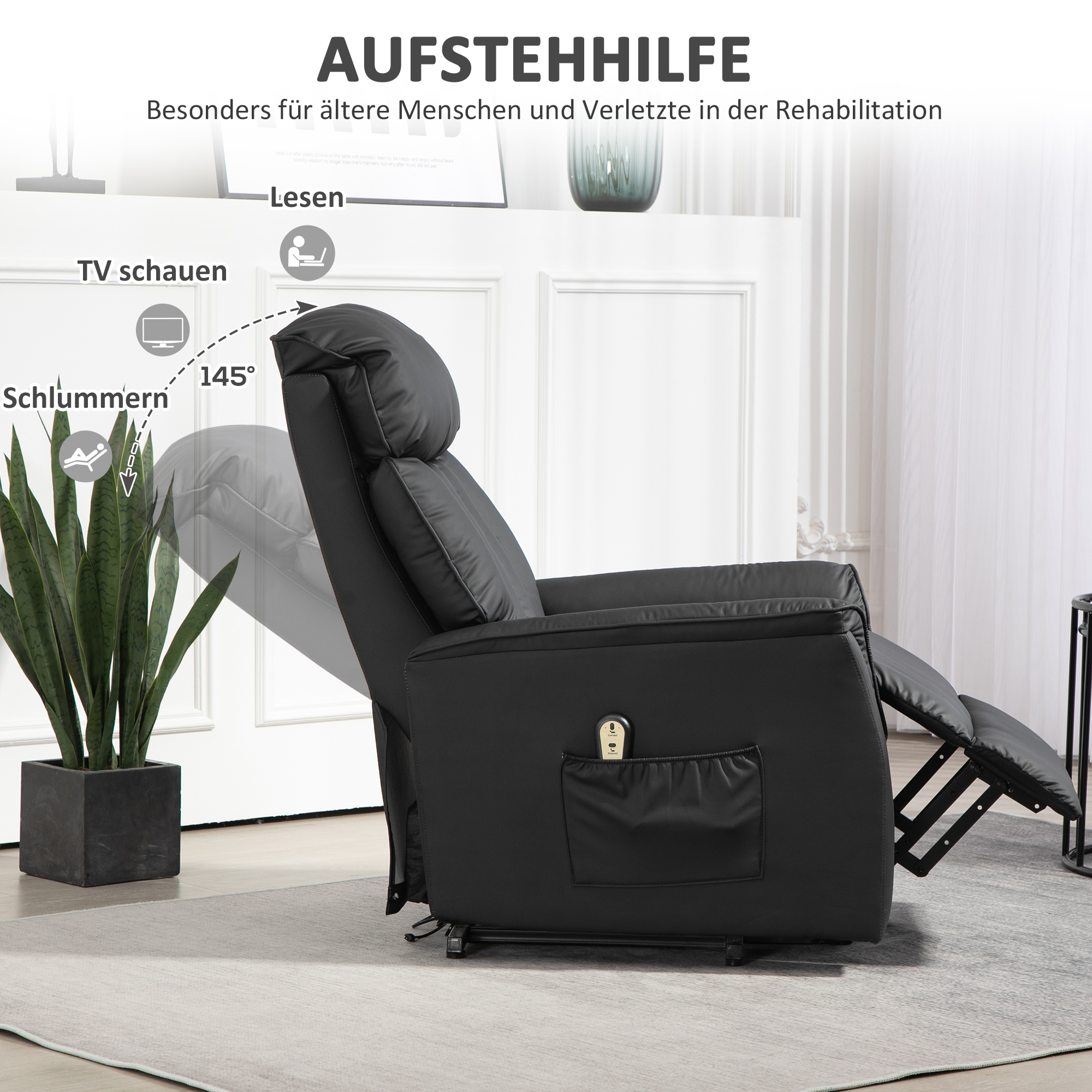Aufstehsessel, Fernsehsessel, Sessel mit Aufstehhilfe, Liegefunktion, Kunstleder, 80 x 94 x 104 cm, Schwarz