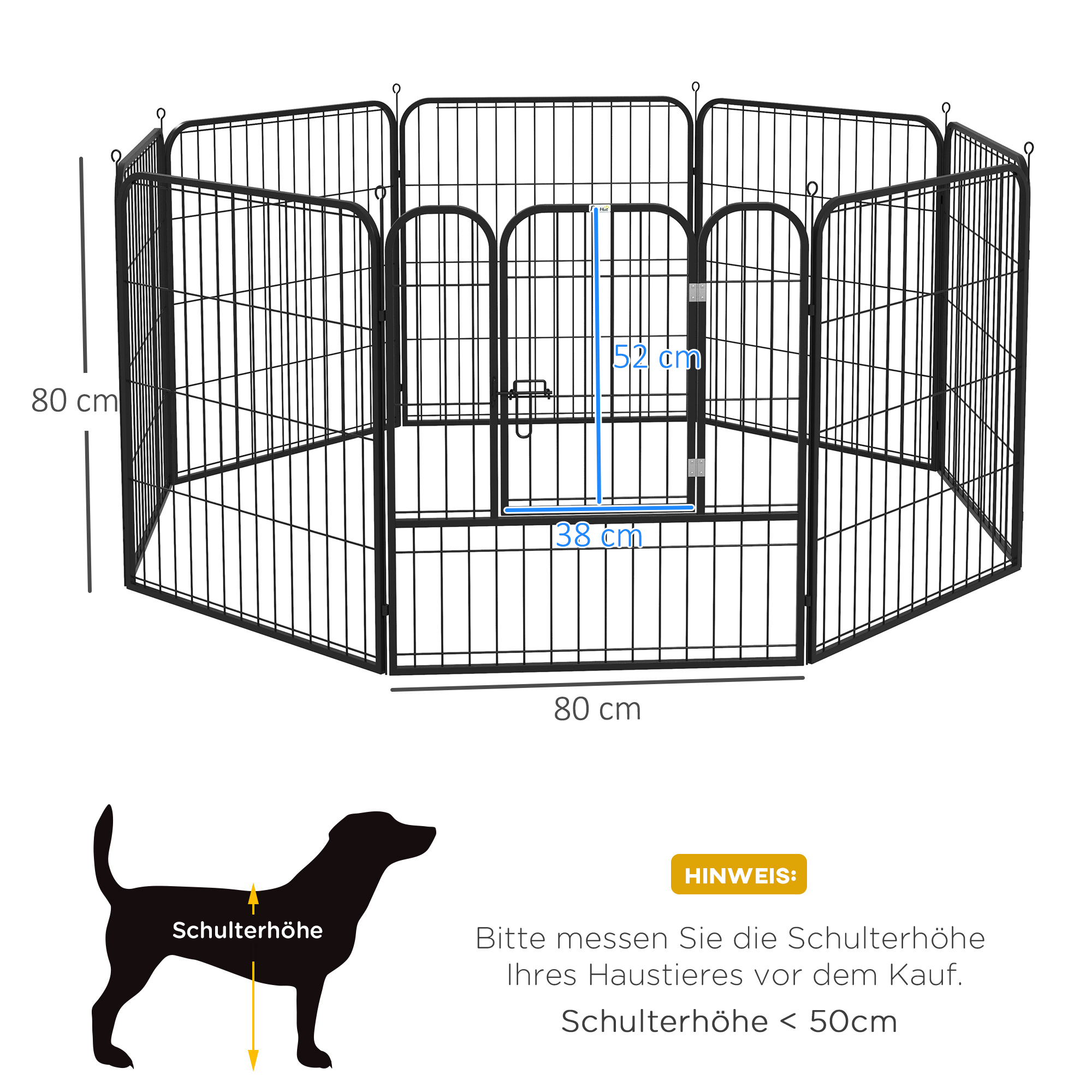 Welpenlaufstall, 8-teilig 80cm hoch Welpenauslauf mit abschließbarer Tür 8 Gitterplatten Stahl Hundelaufstall Freilaufgehege für kleine, mittlere Hunde, für drinnen und draußen, Grau