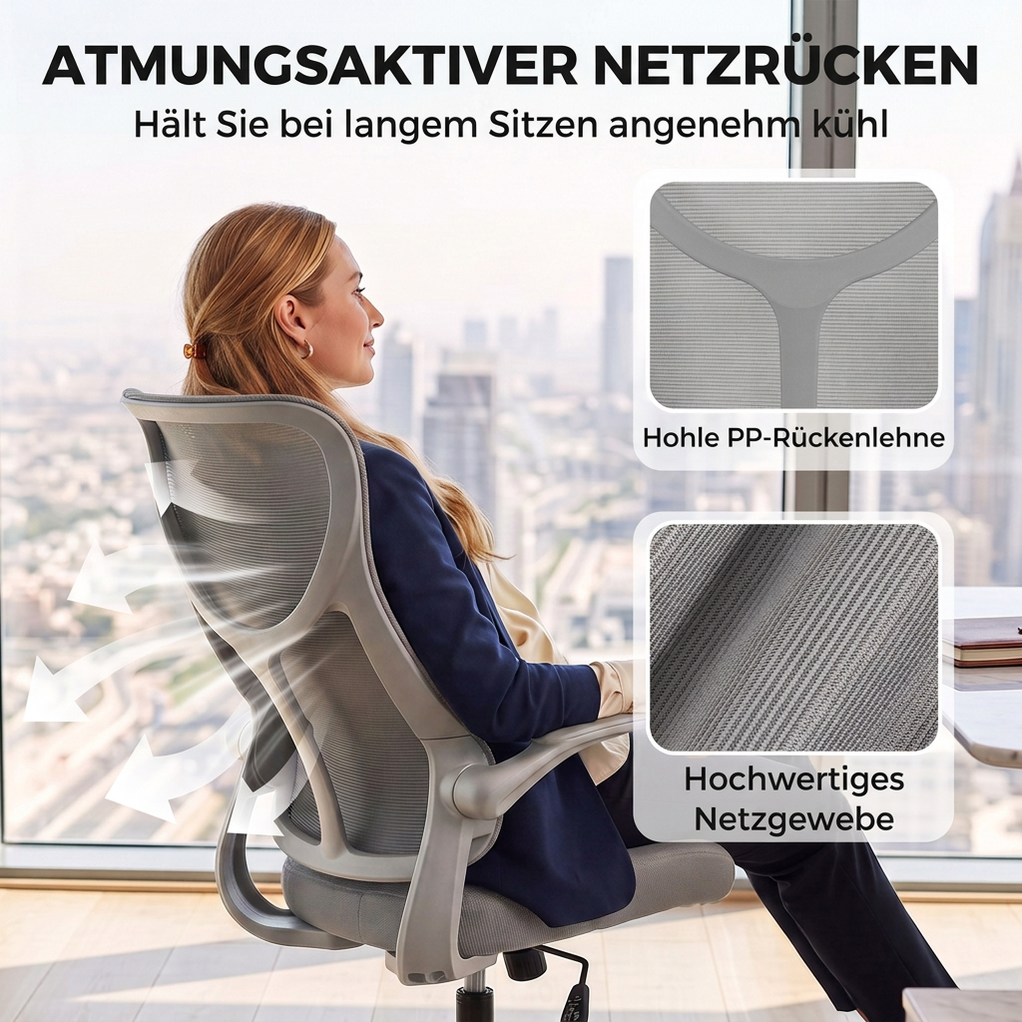 ergonomischer Mesh-Bürostuhl, drehbarer Stuhl mit hoher Rückenlehne, klappbaren Armlehnen, Wippfunktion, Grau