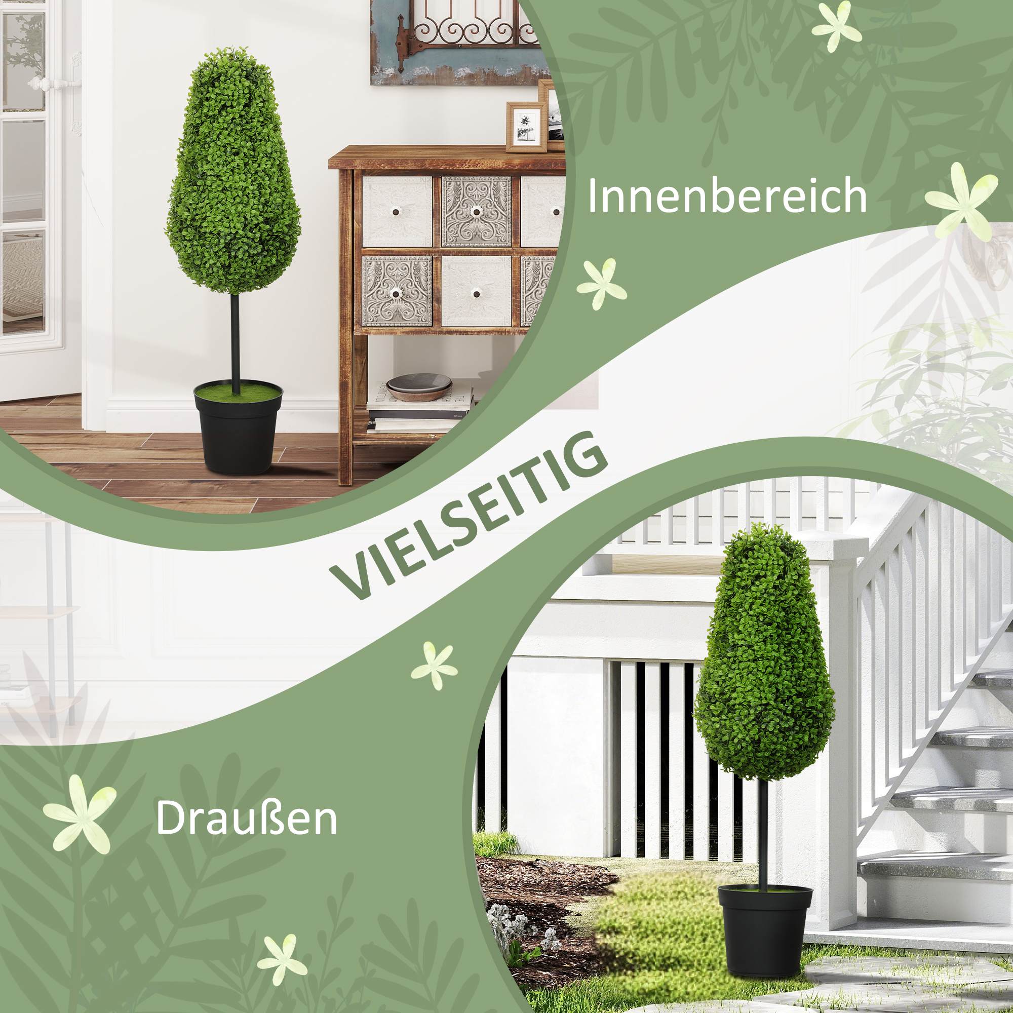 2er Set Künstliche Buchsbaum 90cm Kunstpflanze in Tränenform, Plastik Künstliche Pflanzen im Topf Moderne Dekoration