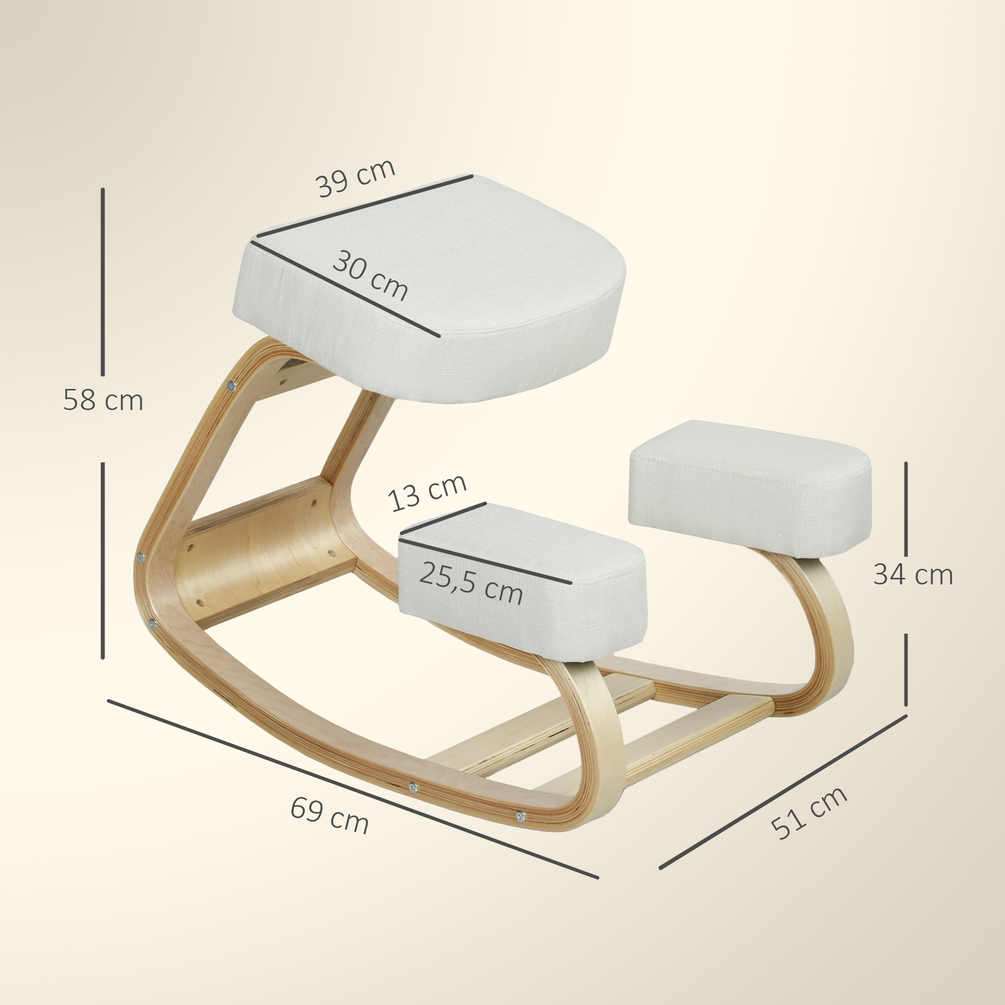 Kniestuhl, ergonomischer Sitzhocker, Polsterhocker für gesunde Sitzhaltung, Birkenholz, 120 kg belastbar, Cremeweiß