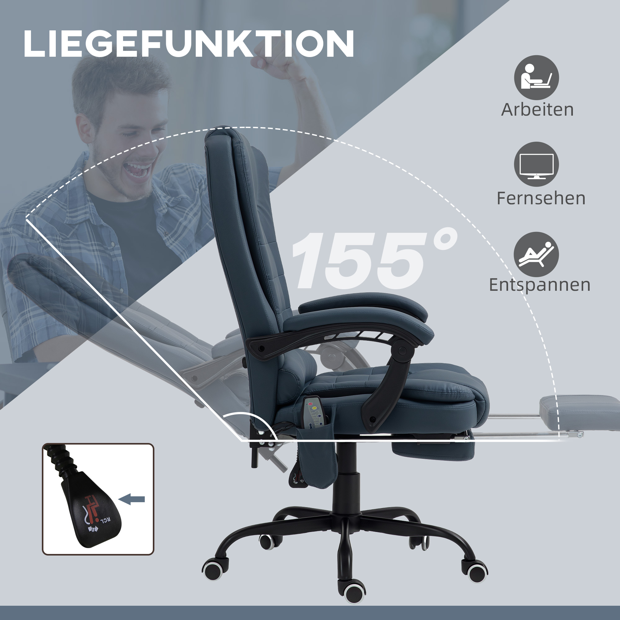 Massage-Bürostuhl, 7 Vibrationspunkte, verstellbare Fußstütze & Lehne, bis 120 kg, Lederoptik, Blau
