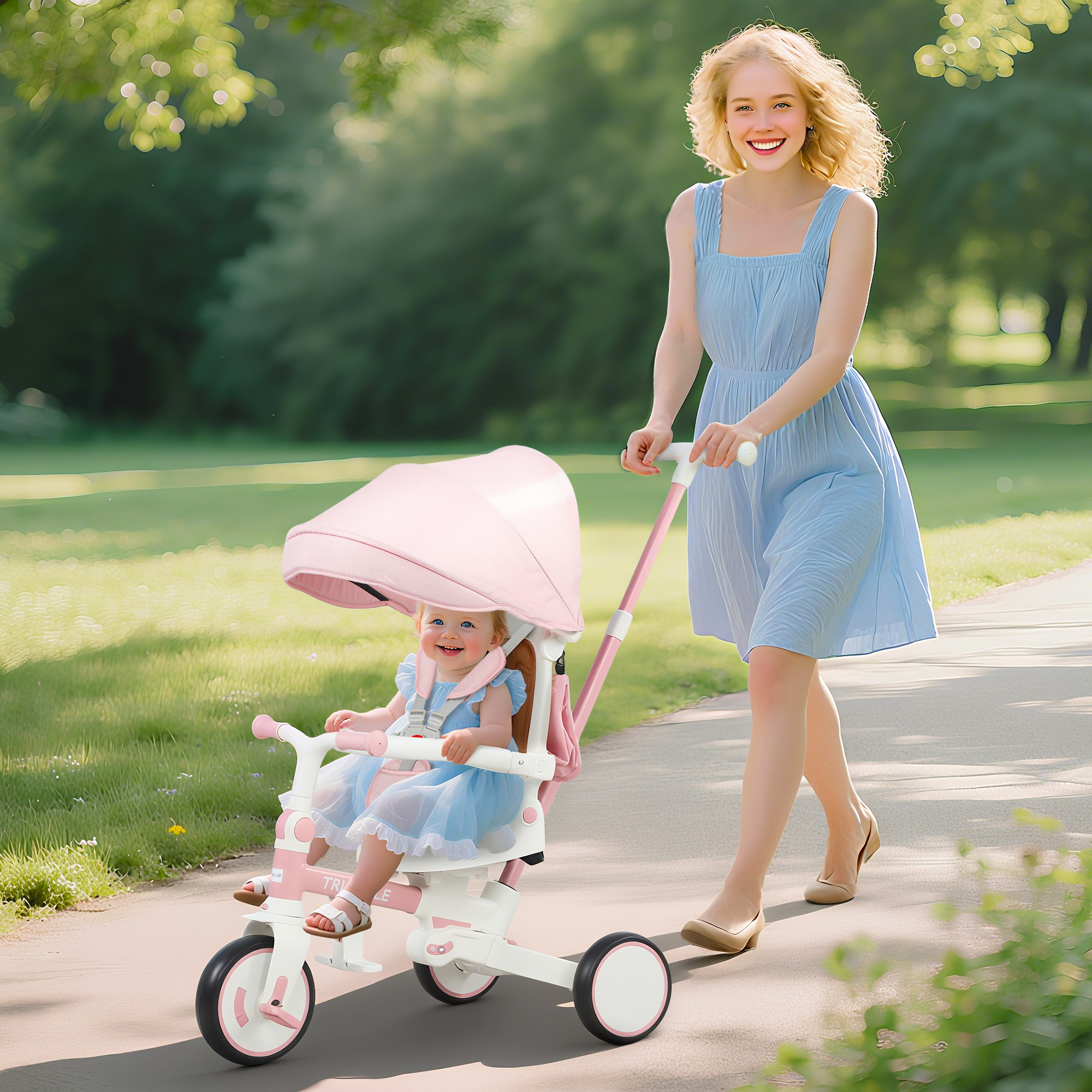 Kinder-Dreirad, wandelbarer Baby-Buggy, 5-in-1 Design, abnehmbarer Schiebegriff, verstellbar, Sicherheitsgurt, Aufbewahrungstasche, 1-3 Jahre, Rosa
