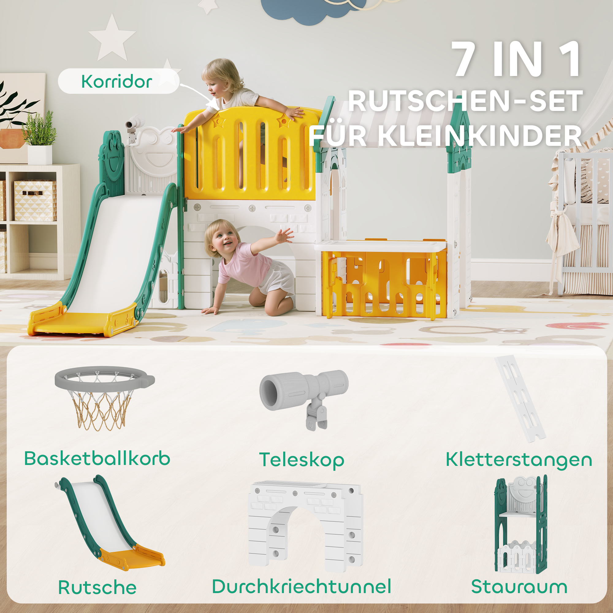 7-in-1 Kinderrutsche, Indoor-Spielplatz, Klettergerüst, Haus, Tafel, Basketballkorb, 1-4 Jahre, Kunststoff, Gelb+Grün