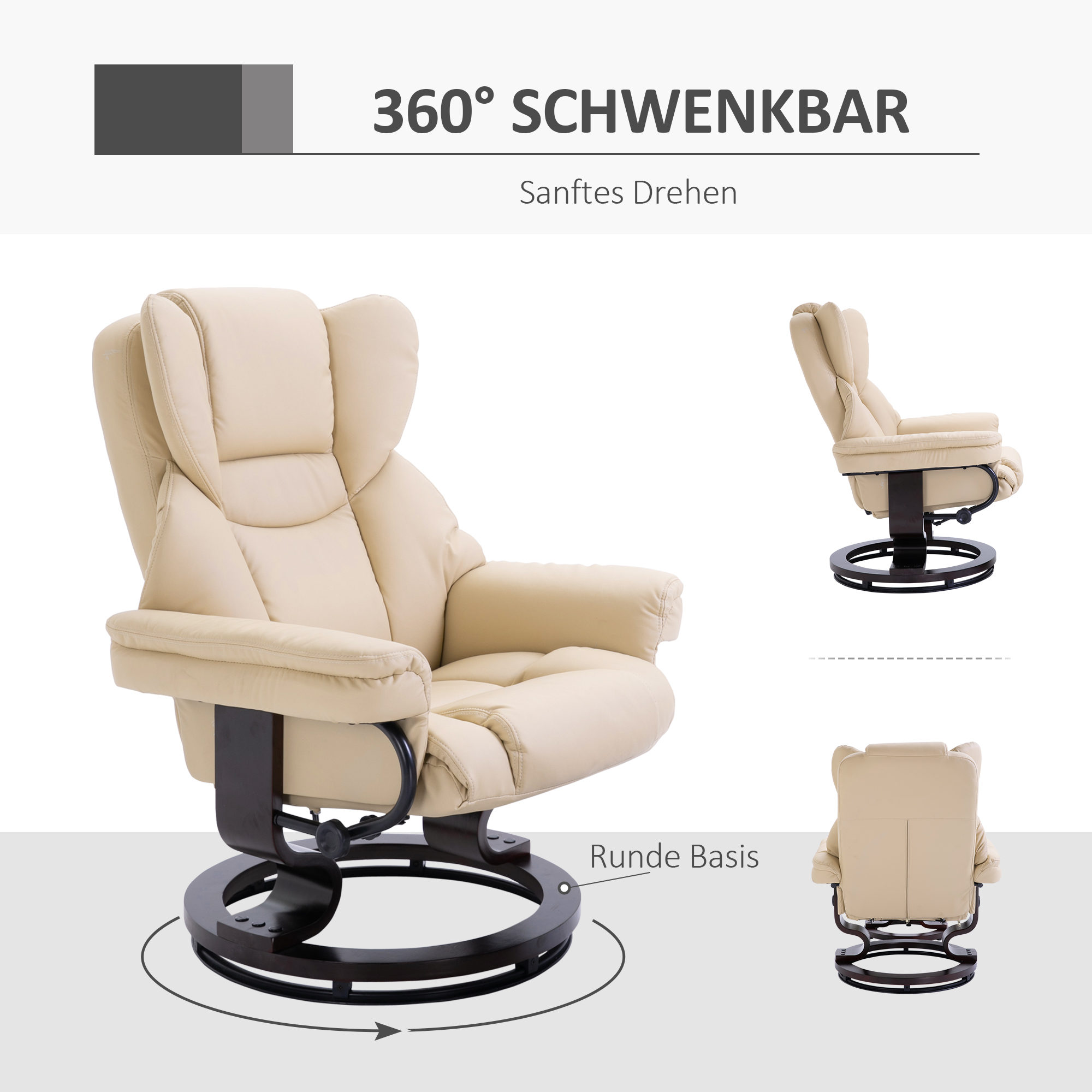 Relaxsessel mit Hocker, Liegefunktion, drehbar, bis 160 kg, Kunstleder, Metallrahmen, creme, 80 x 79 x 100 cm