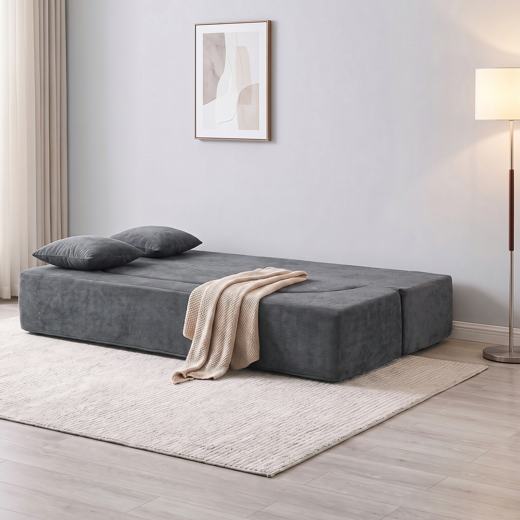 Schlafsofa, Bodensofa ohne Gestell mit dickem, hochdichtem Schaumstoff, breitem und tiefem Sitz, dunkelgrau