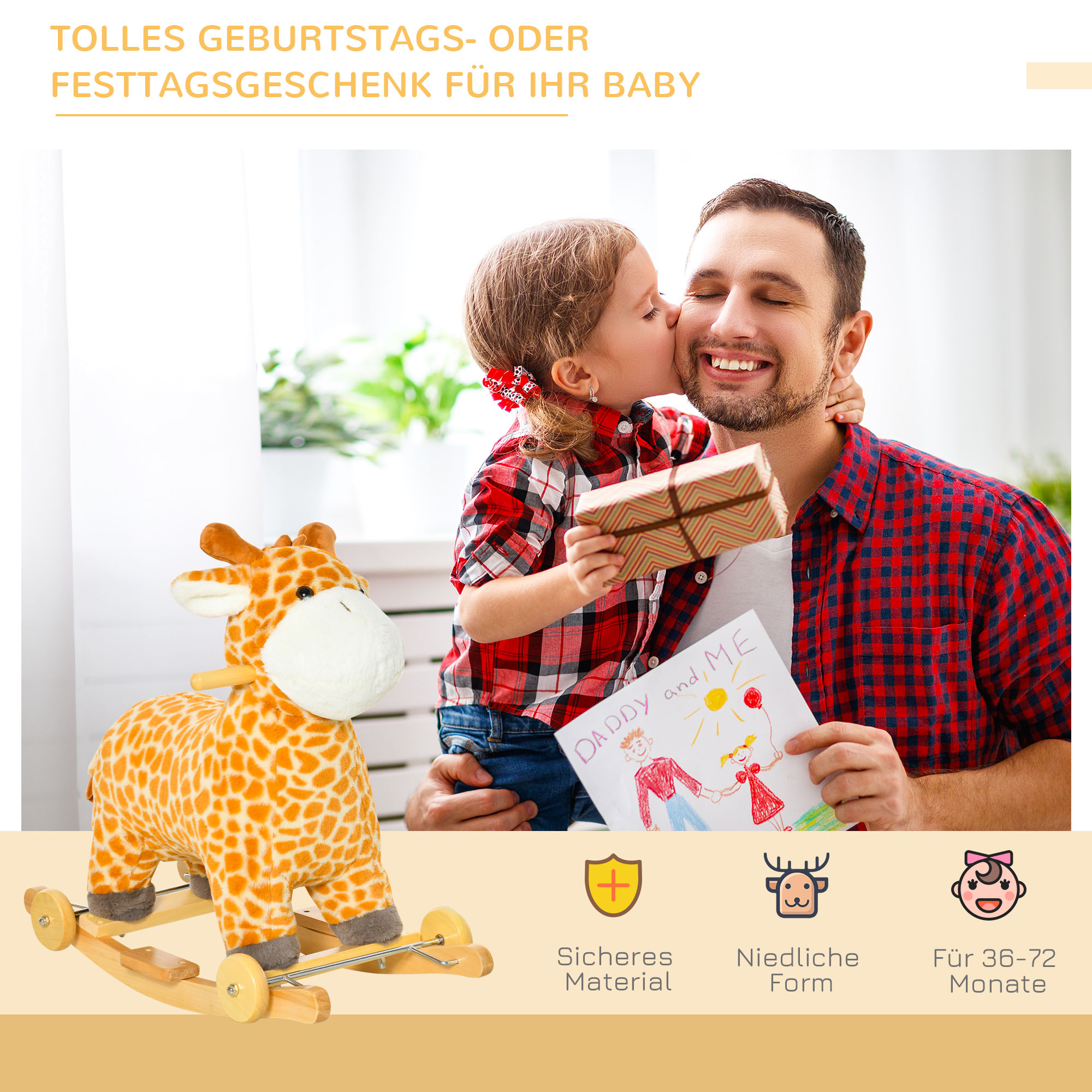 Schaukeltier Giraffen mit Sound Effekt, Räder, Haltegriffen Plüsch Baby Schaukelspielzeug Schaukel Schaukelsitz für Kleinkinder 3-6 Monate