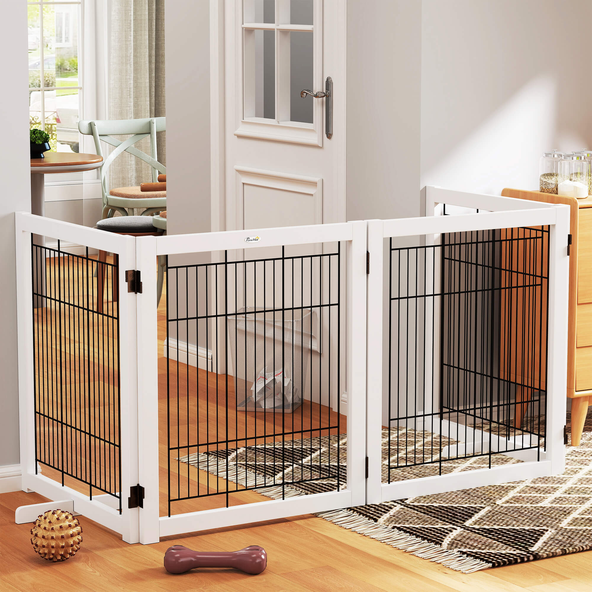 Absperrgitter Hund Freistehendes Schutzgitter mit Füßen 305 x 82 cm Holz Hundegitter Klappbar Treppenschutzgitter Hundeabsperrgitter für Treppen, Türen, Flur, 4 Paneelen, Weiß