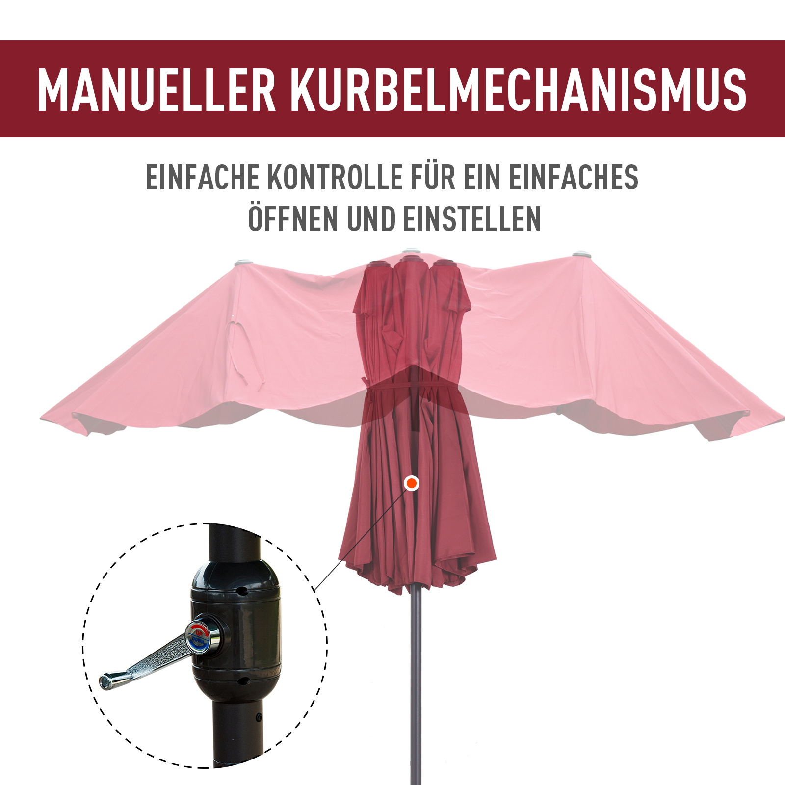 Doppelsonnenschirm 455 x 270 cm Gartenschirm mit Handkurbel oval stabil Metallstange Marktschirm Doppelsonnenschirm Terrassenschirm Sonnenschutz für Strand Balkon Terrasse Garten Weinrot
