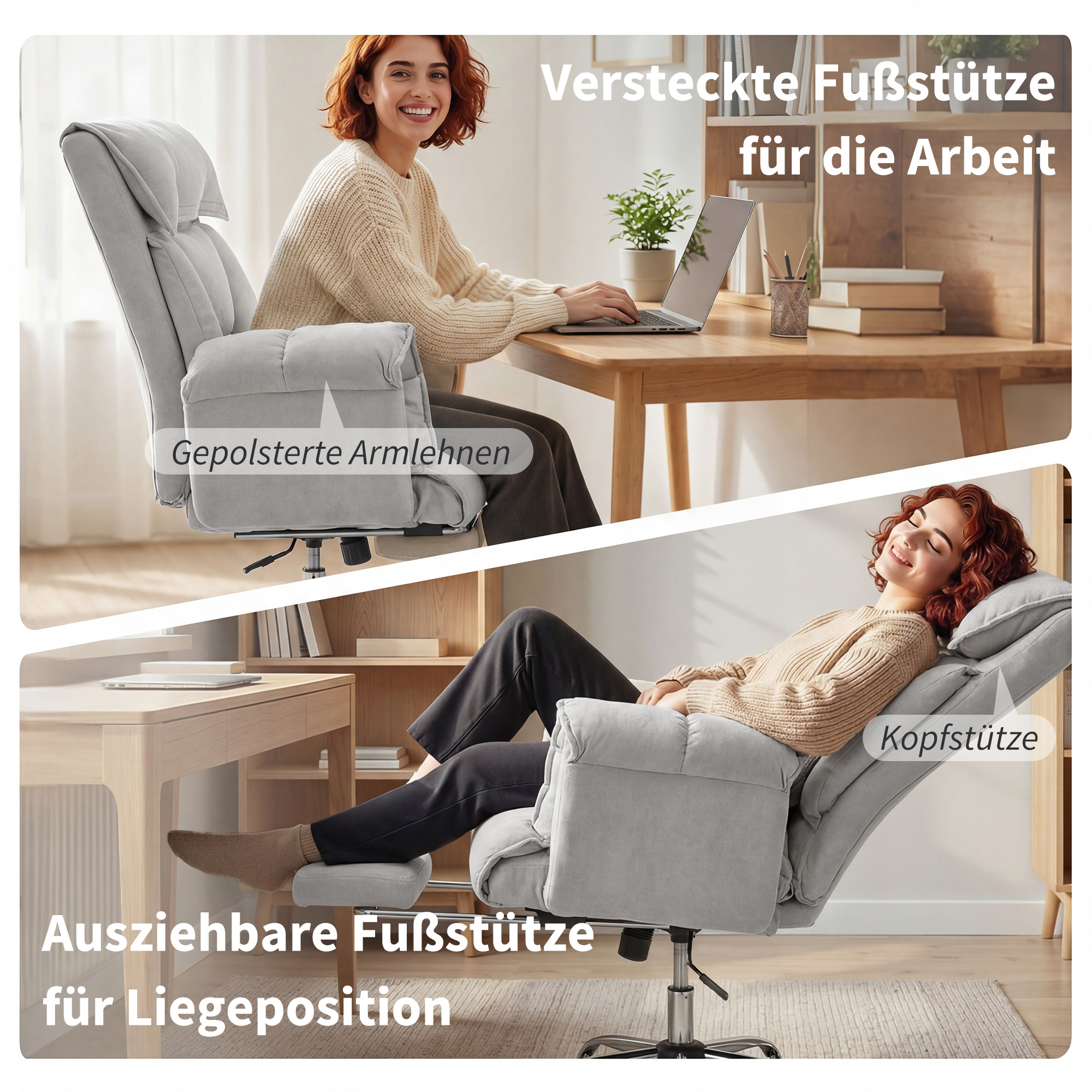 Bürostuhl Neigbar Höhenverstellbar Schreibtischstuhl mit Armlehne Fußstütze hoher Rückenlehne 75 x 77 x 110-118 cm Grau