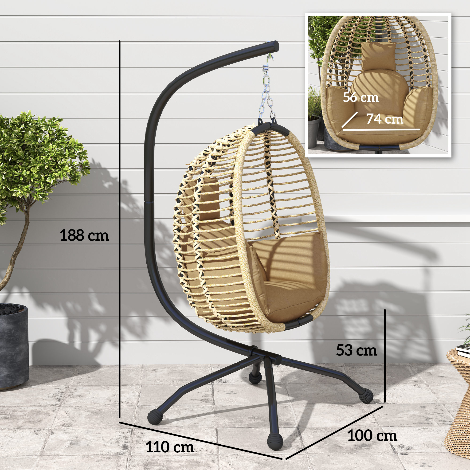 Hängesessel mit Gestell, Faltbar Eiförmiger Hängeschaukel mit waschbarem Sitz Becherhalter Sicherheitsseil Beige