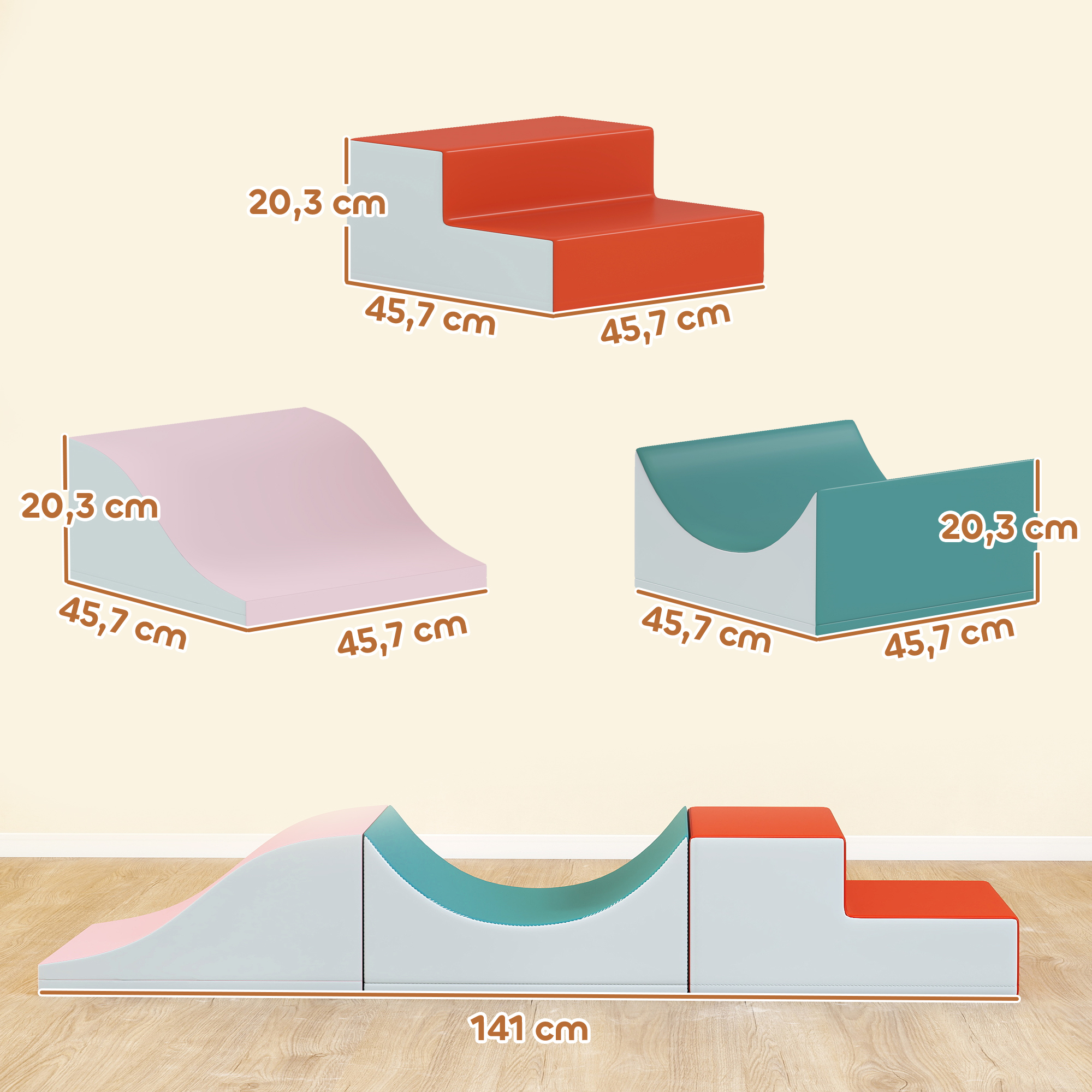 3-teiliges Kletter- und Krabbelset für Kleinkinder, Kunstleder, Schaumstoff, Hellgrau