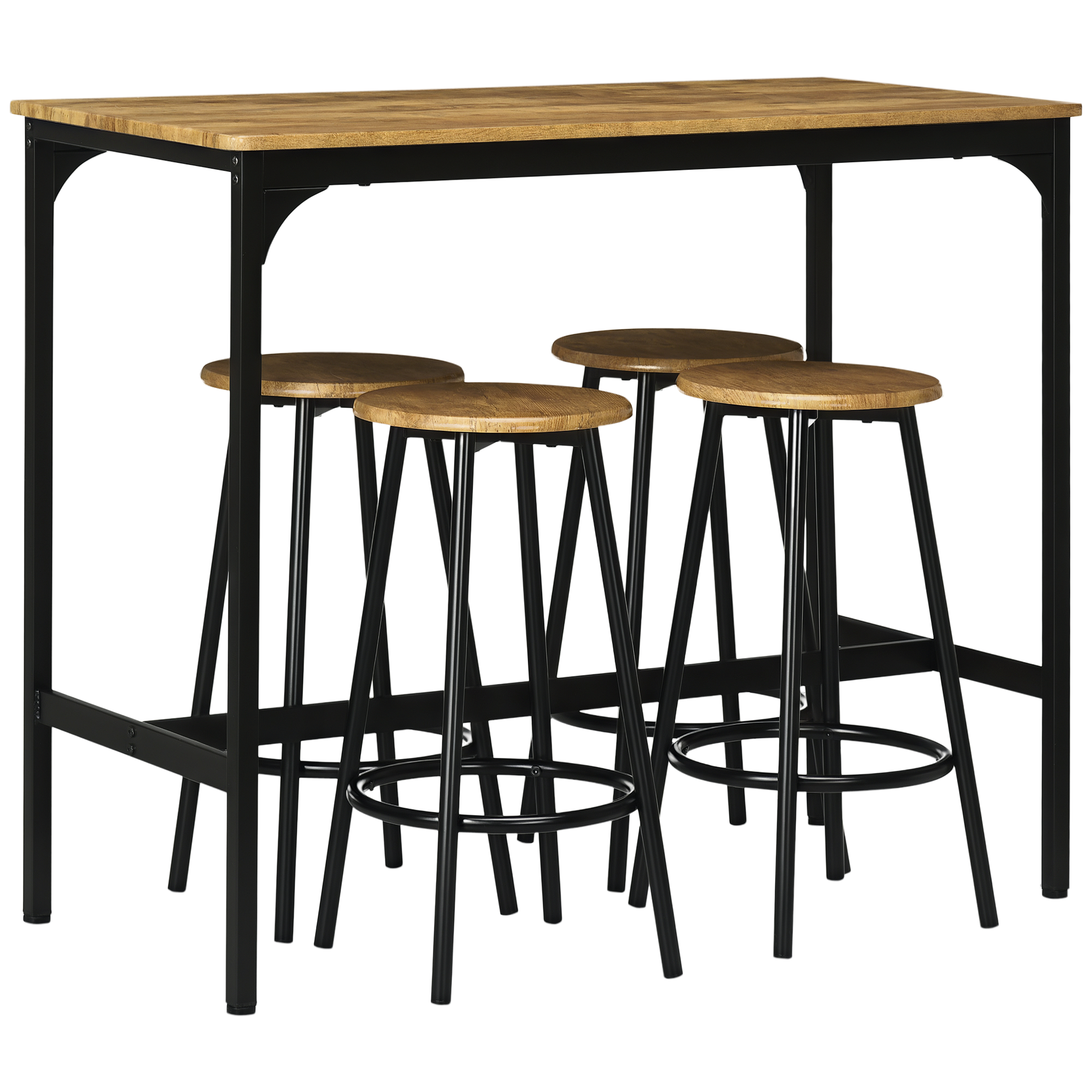 5-tlg. Bartisch-Set im Industriedesign, 1 Bartisch, 4 Barhocker, Sitzgruppe, Küchentresen, Schwarz + Braun