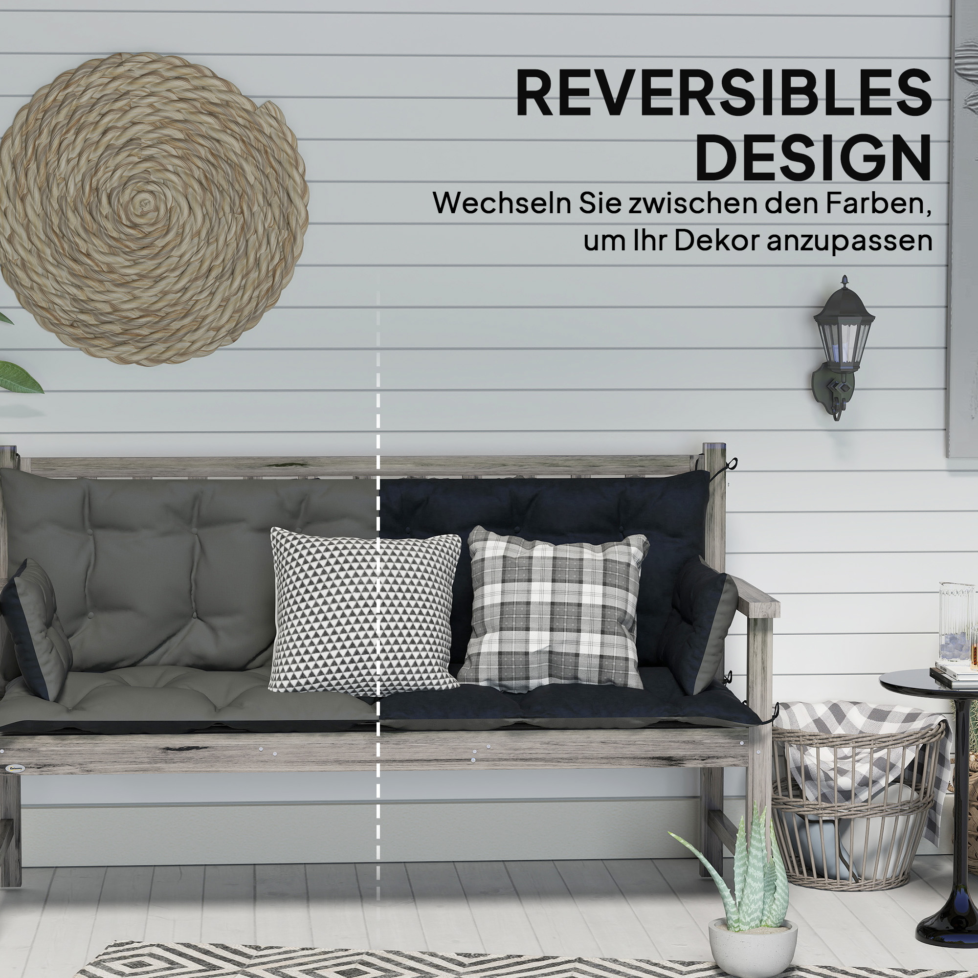 Outdoor-Kissen-Set für Bank oder Hollywoodschaukel, zweifarbig, Polyester, Schaumstoff, 180 x 110 x 8 cm, Dunkelgrau