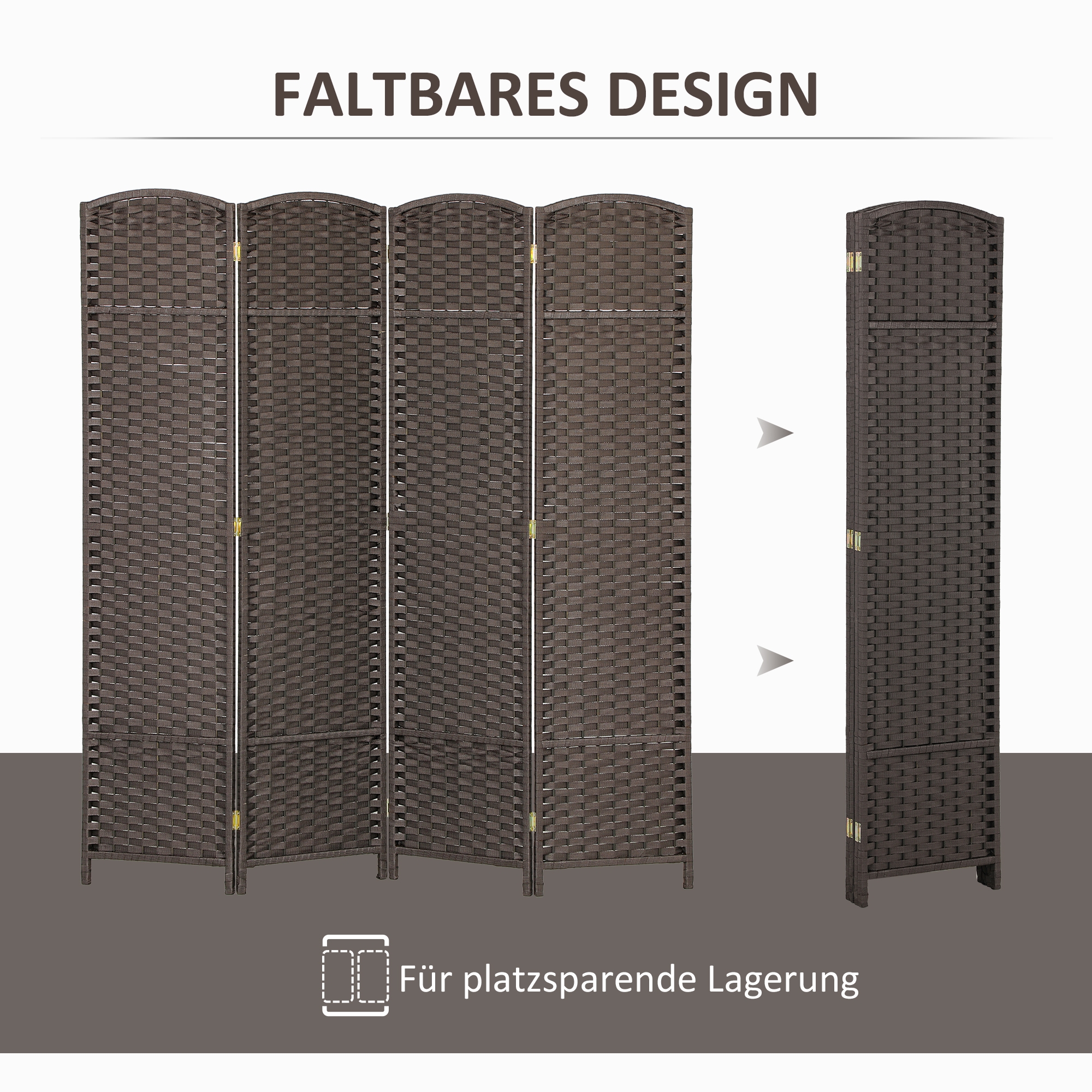 4-teiliger Raumtrenner, Faltbarer Sichtschutz, Sichtschutzwand für Wohnzimmer, Schlafzimmer, Homeoffice, Braun