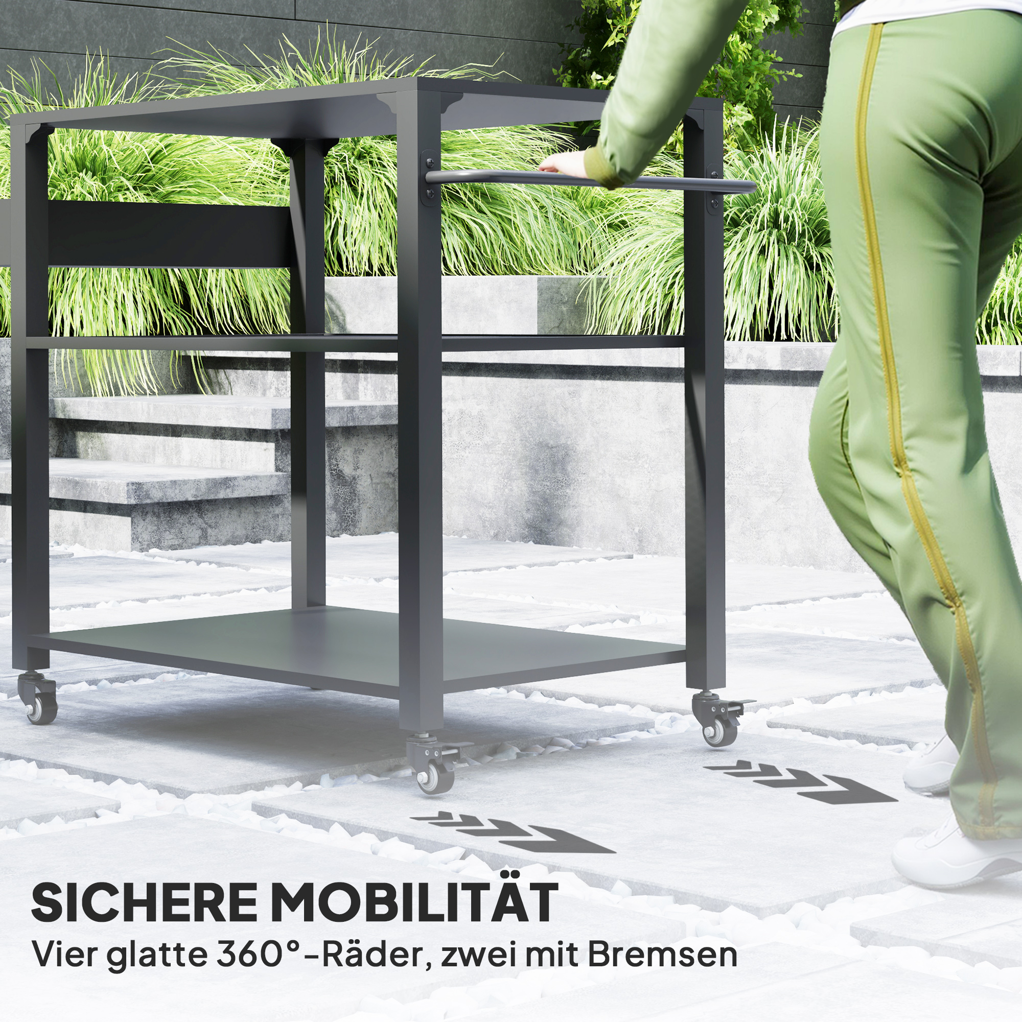 Outdoor-Kücheninsel, Grillwagen mit Aufbewahrungsregal, Griff, 4 Rollen, Küchenwagen, Terrasse, Garten, Metall, Schwarz