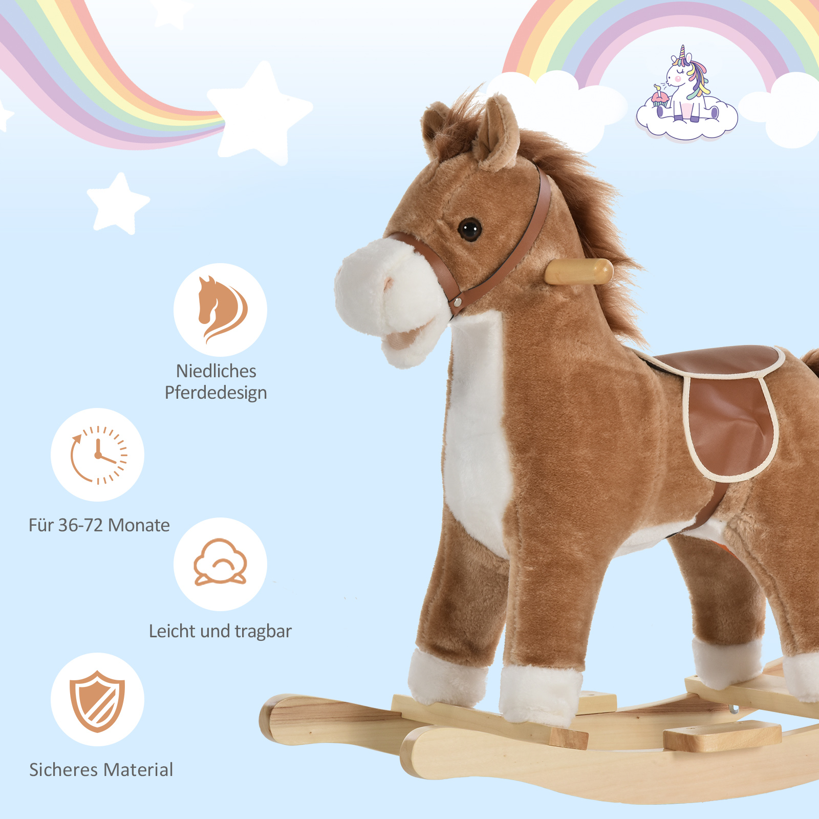 Kinder Schaukelpferd Baby Schaukeltier Pferd mit Tiergeräusche Spielzeug Haltegriffe für 36-72 Monate Plüsch Braun 65 x 32,5 x 61 cm
