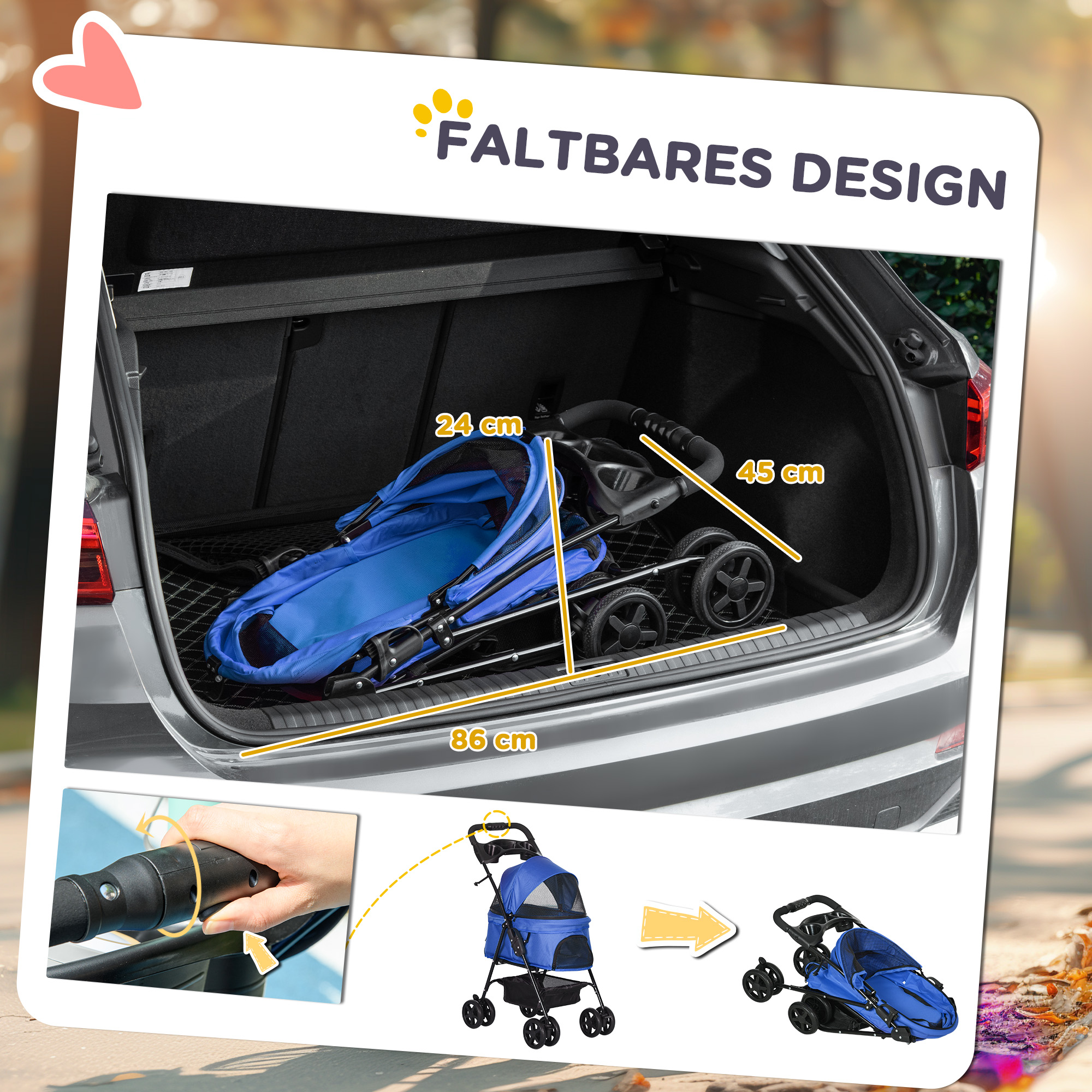 Hundebuggy Hundewagen bis 4 kg Klappbar Netzfenster Bodenkorb Becherhalter abnehmbares Dach blau 67 x 45 x 96 cm