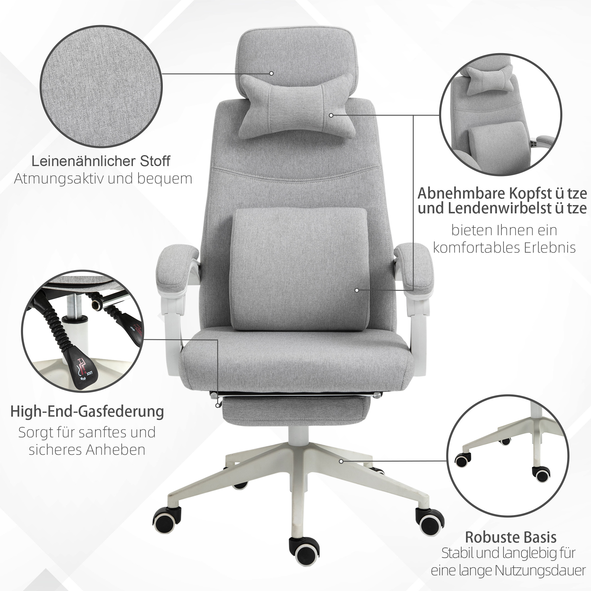 Bürostuhl, Ergonomischer Schreibtischstuhl mit Kopfkissen, Lendenkissen, höhenverstellbar Gamingstuhl mit Fußstütze, hoher Rückenlehne, Grau 62 x 68 x 117-127 cm