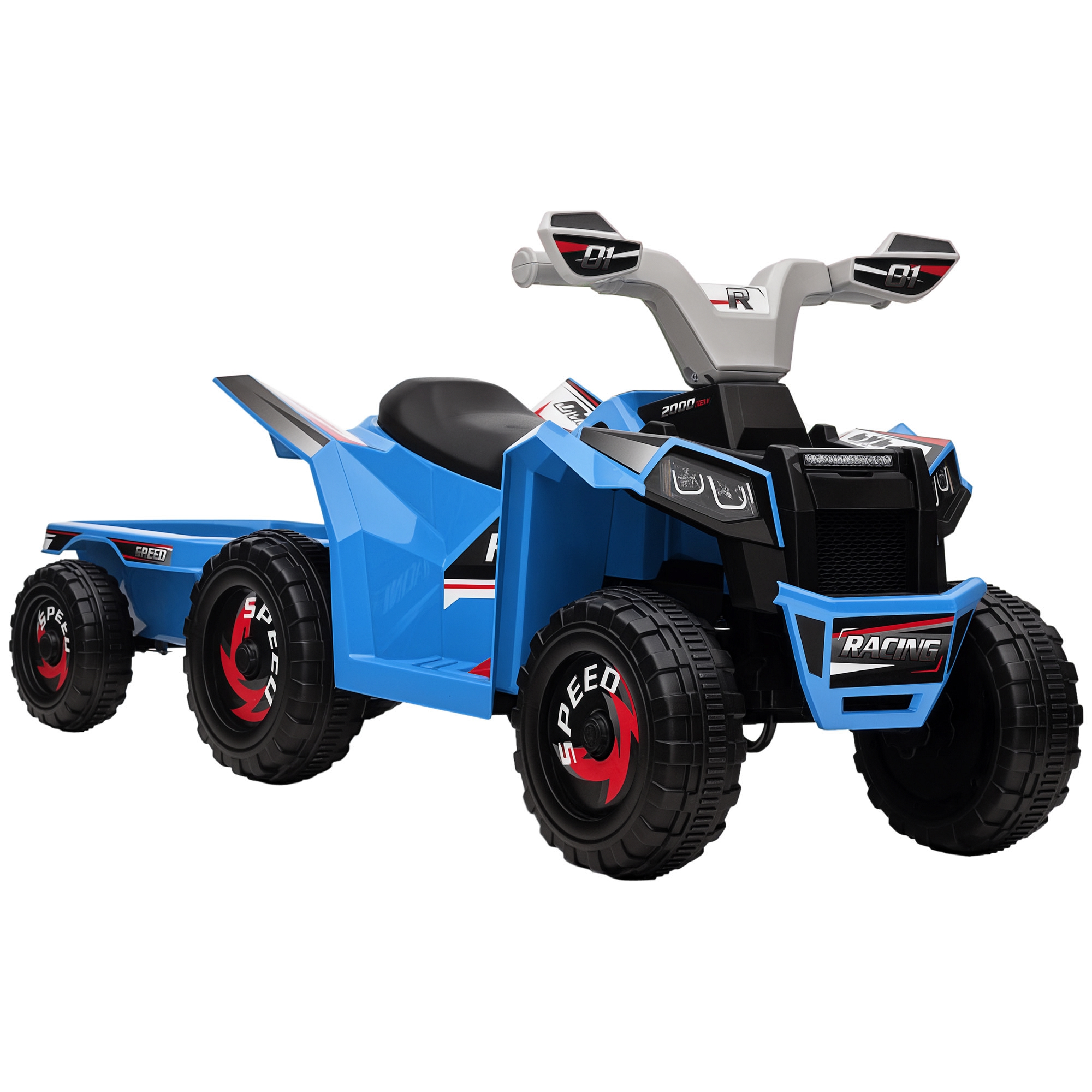 Kinderquad, aufladbar, 2,5 km/h, mit Anhänger, 50 Min, Fahrzeit, für Kinder 1,5 bis 3 Jahre, Blau
