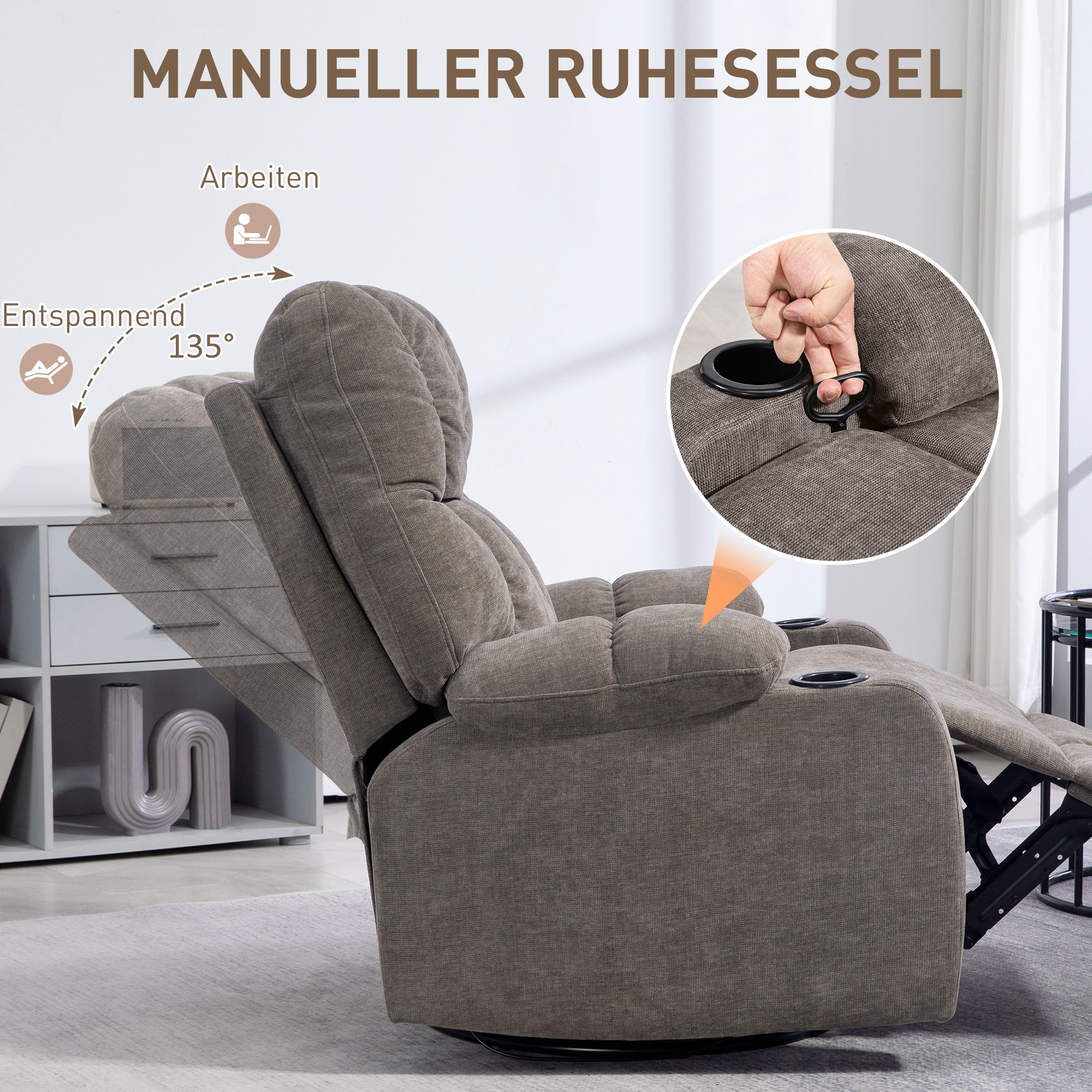 Relaxsessel mit Fußstütze, Loungesessel modern, drehbar, bis 150 kg, Stahlrahmen, 88x96x108cm, Hellbraun