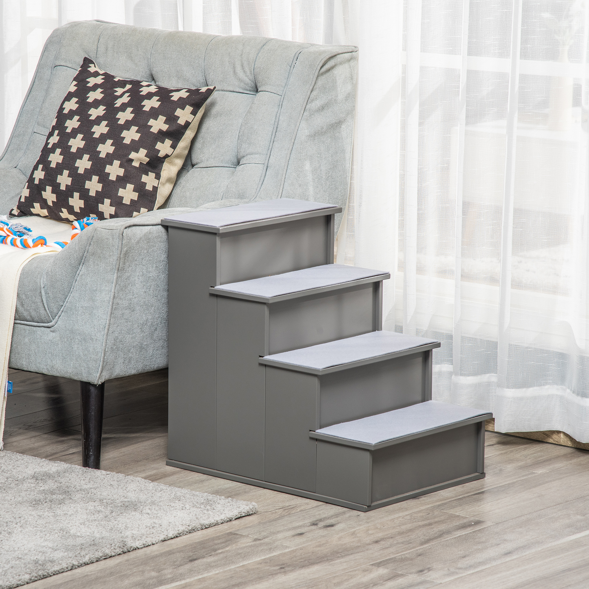 Haustiertreppe, für Hunde/Katzen, 4-stufig, Kurzplüsch, bis 30 kg, 40 x 59 x 54,2 cm, Grau