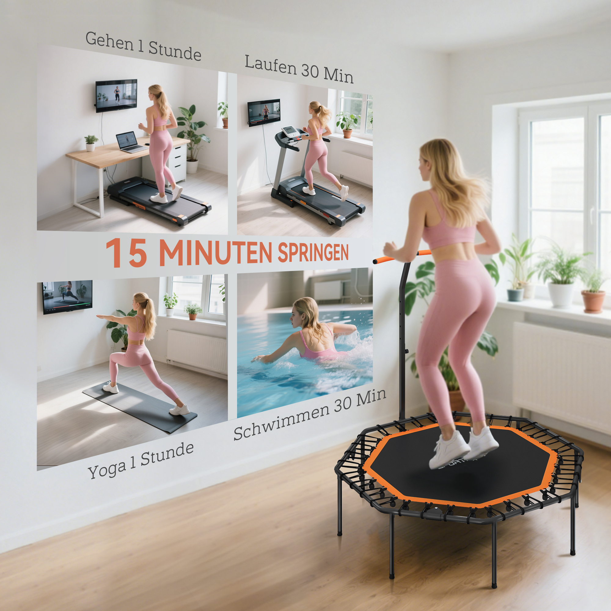 Fitness-Trampolin, Trainingstrampolin mit verstellbarem Haltegriff, stabil und leise, für drinnen, Stahl, Orange