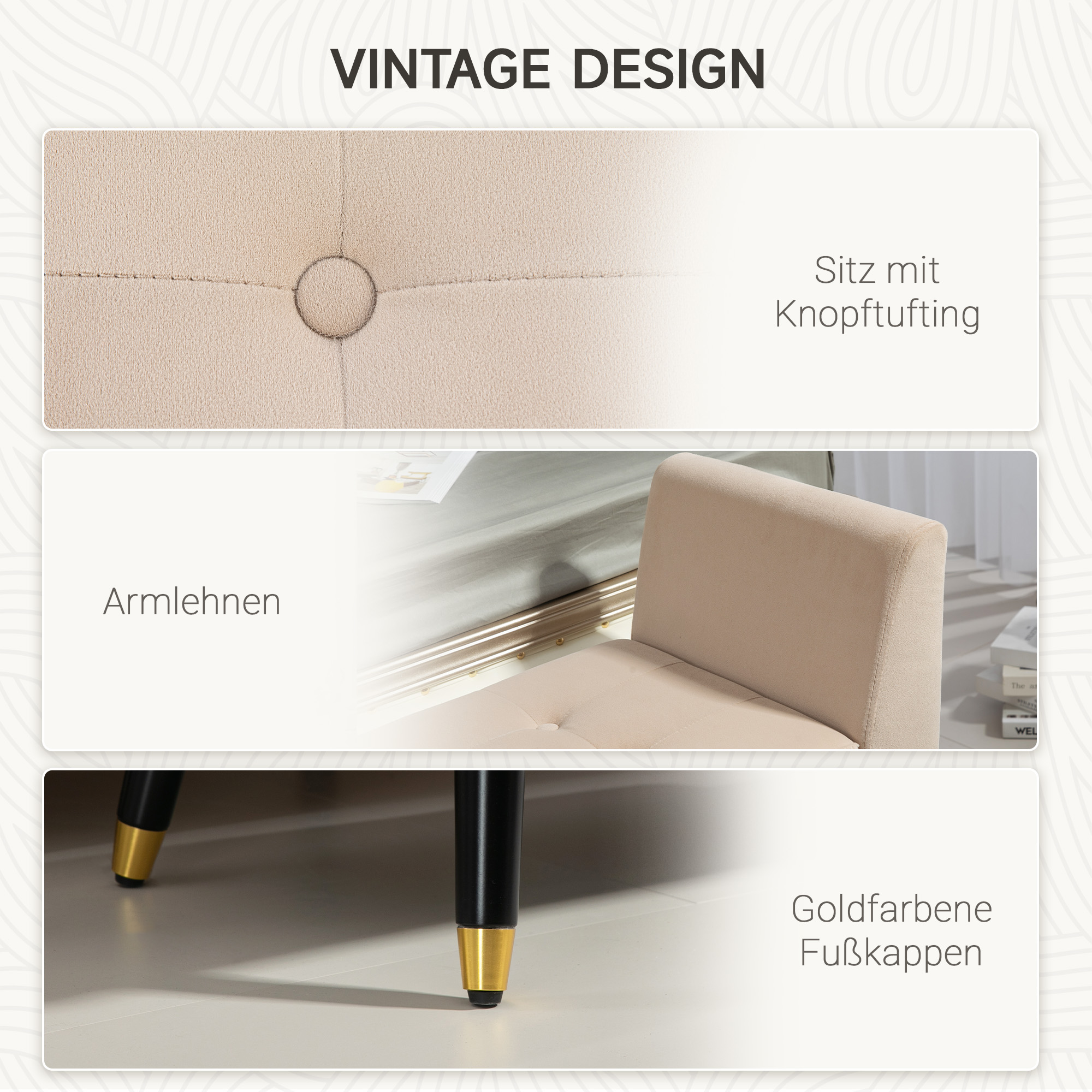 Polsterbank mit Stauraum, Armlehnen, Samtartiges Polyester, Kautschukholz, 107 x 42 x 65 cm, Beige