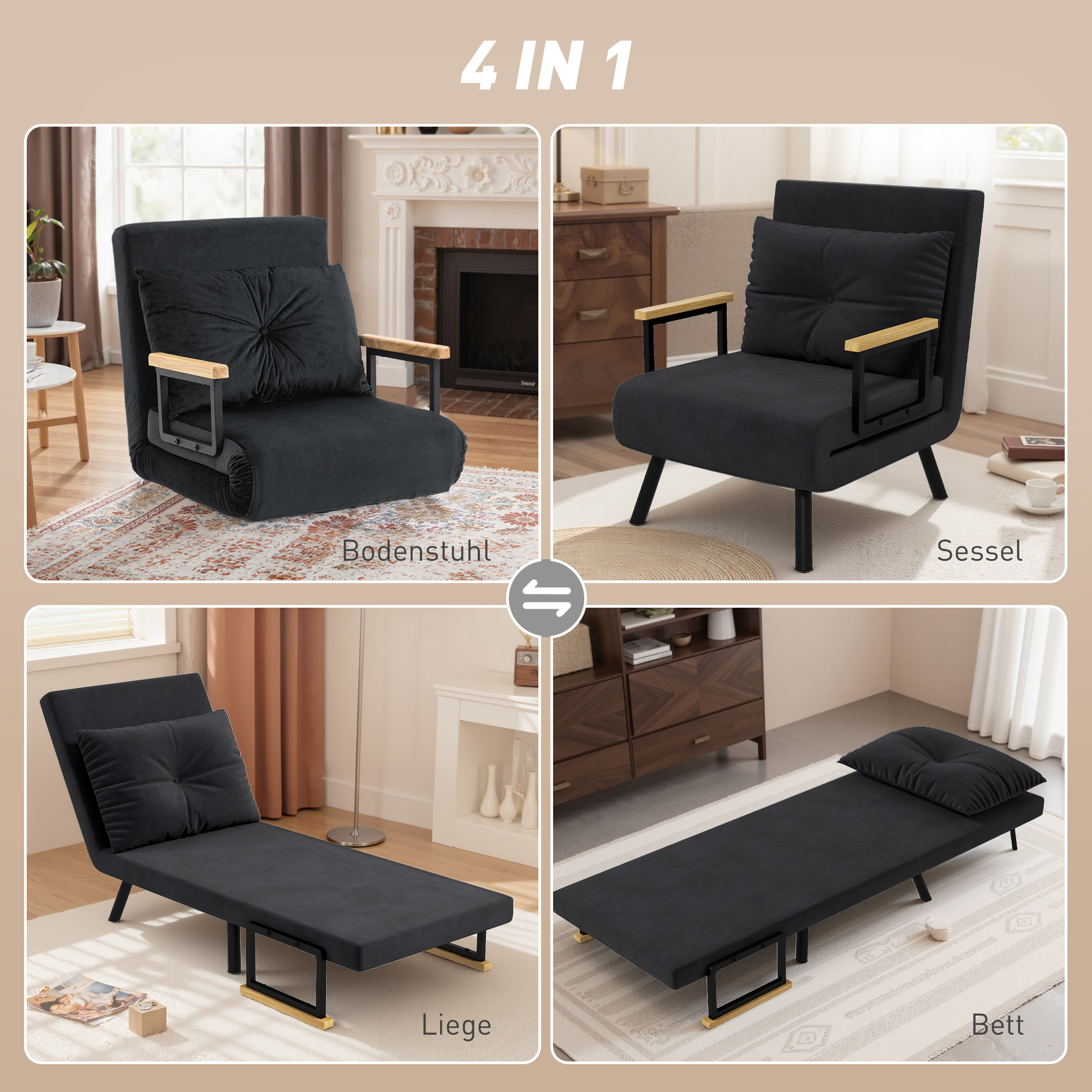 Relaxsessel im Skandidesign, Liegesessel, Lesesessel. ink. Kissen mit Knopfhefung, Schwarz