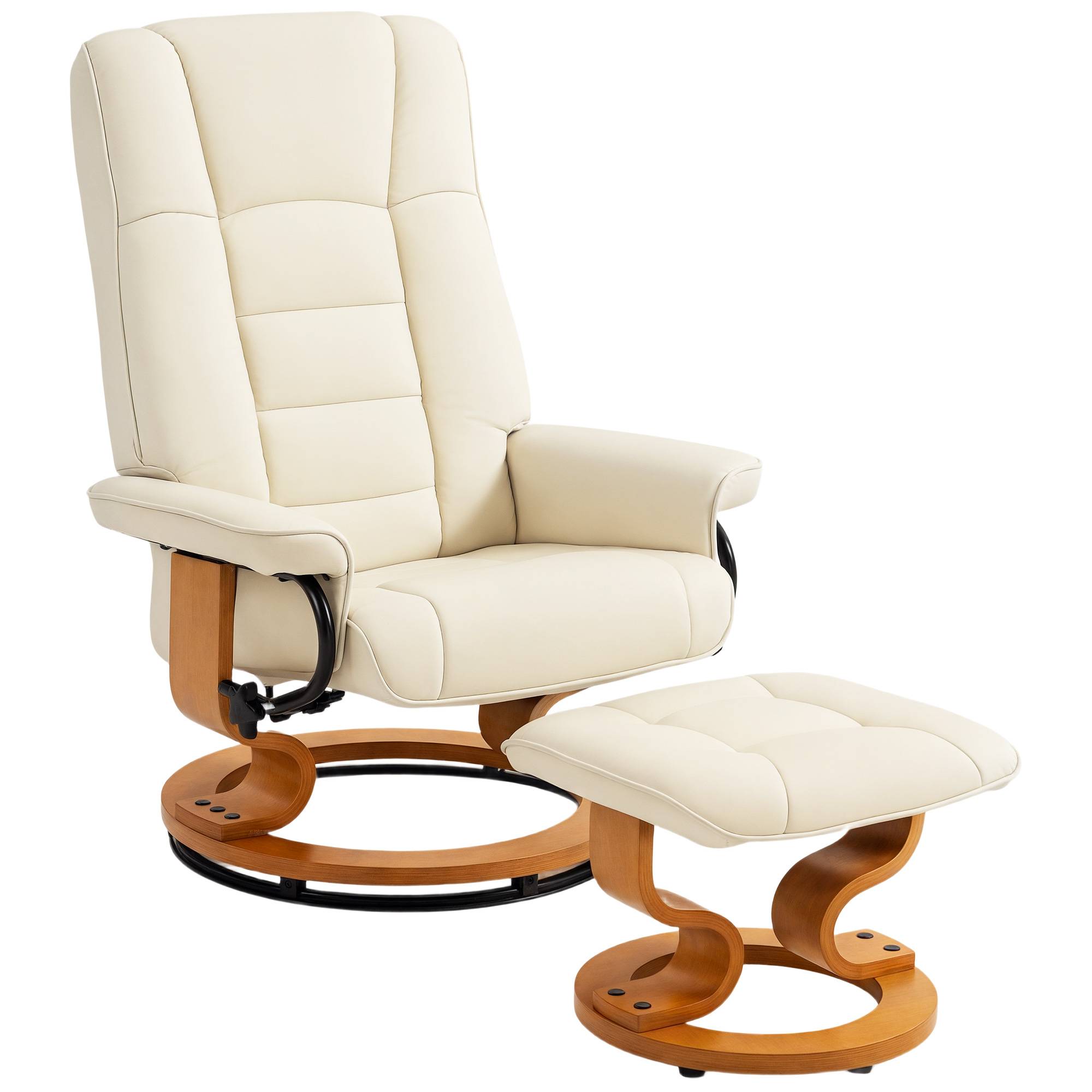 Relaxsessel mit Hocker, drehbar & neigbar, Kunstlederbezug, bis 150 kg, Holzgestell, Cremeweiß
