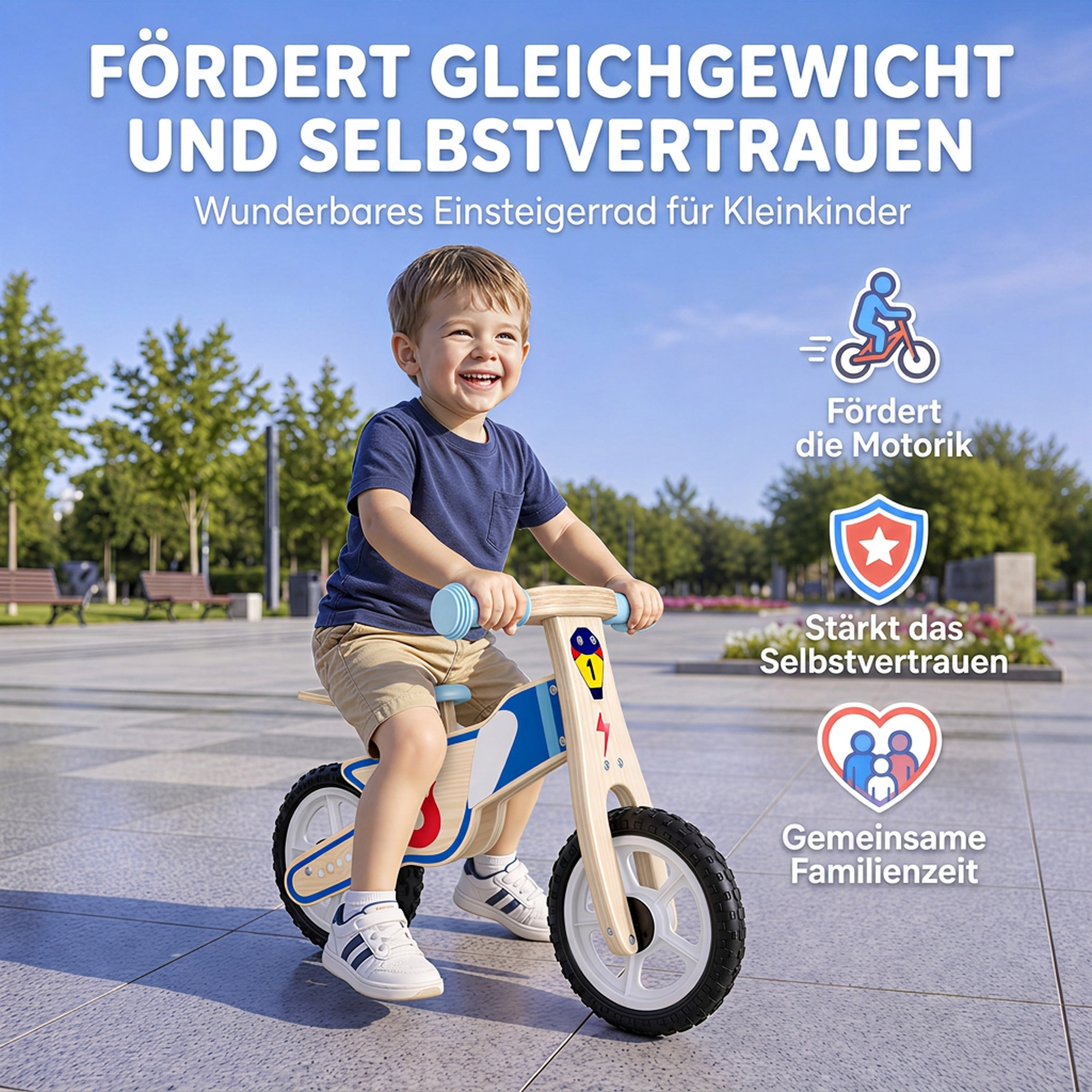 Kinder Laufrad 3-5 Jahre Baby bis 50 kg Holz Lauflernrad mit EVA-Rädern Höhenverstellbarer Sitz Naturholz