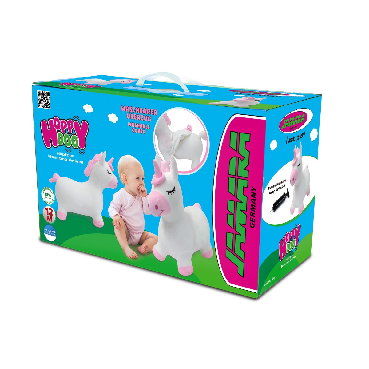 Hüpftier Einhorn mit Plüschbezug und Pumpe