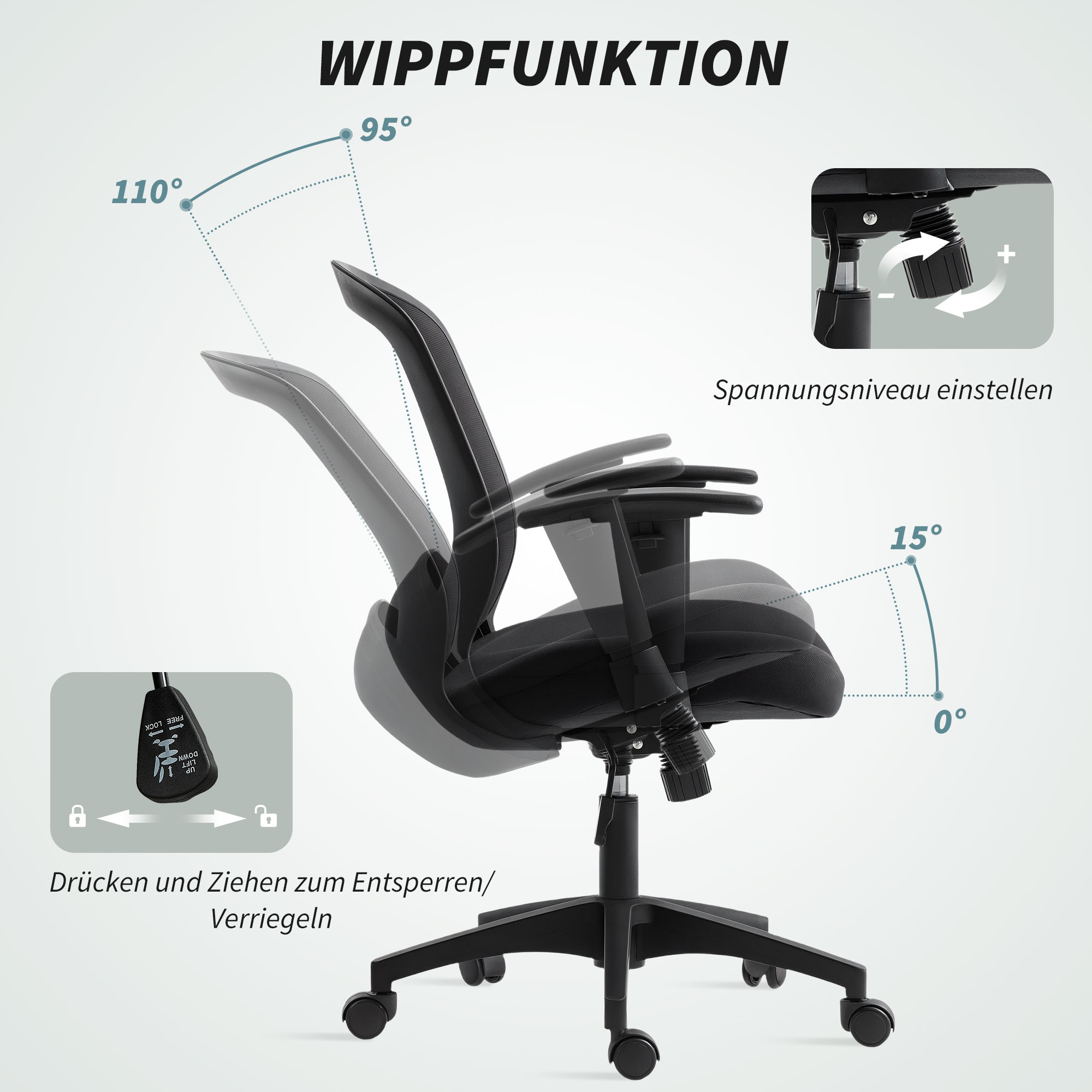 Netz-Bürostuhl, verstellbarer Schreibtischstuhl mit Netzstoff-Rückenlehne, rollbar, mit Kippfunktion, Schwarz