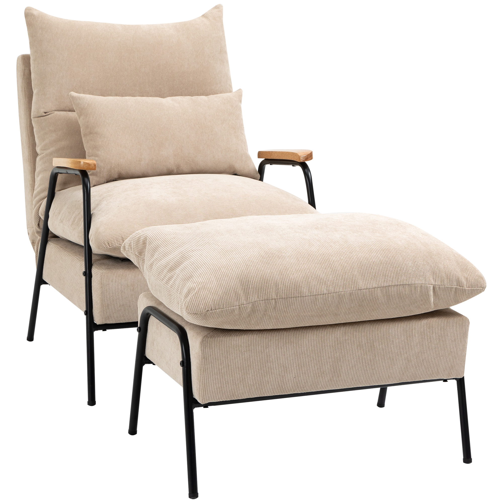 Polstersessel mit Hocker, Relaxsessel mit Liegefunktion, Polsterstuhl, Kissen, Fernsehsessel, 68 x 91,5 x 88 cm, Beige